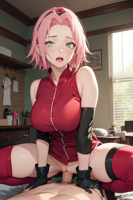 ai generated, aigeneratedp, cowgirl position, female, haruno sakura, looking at viewer, male, male pov, naruto, naruto shippuden, penis, pov, pov eye contact, riding, riding penis, sakura haruno, squatting, squatting cowgirl position