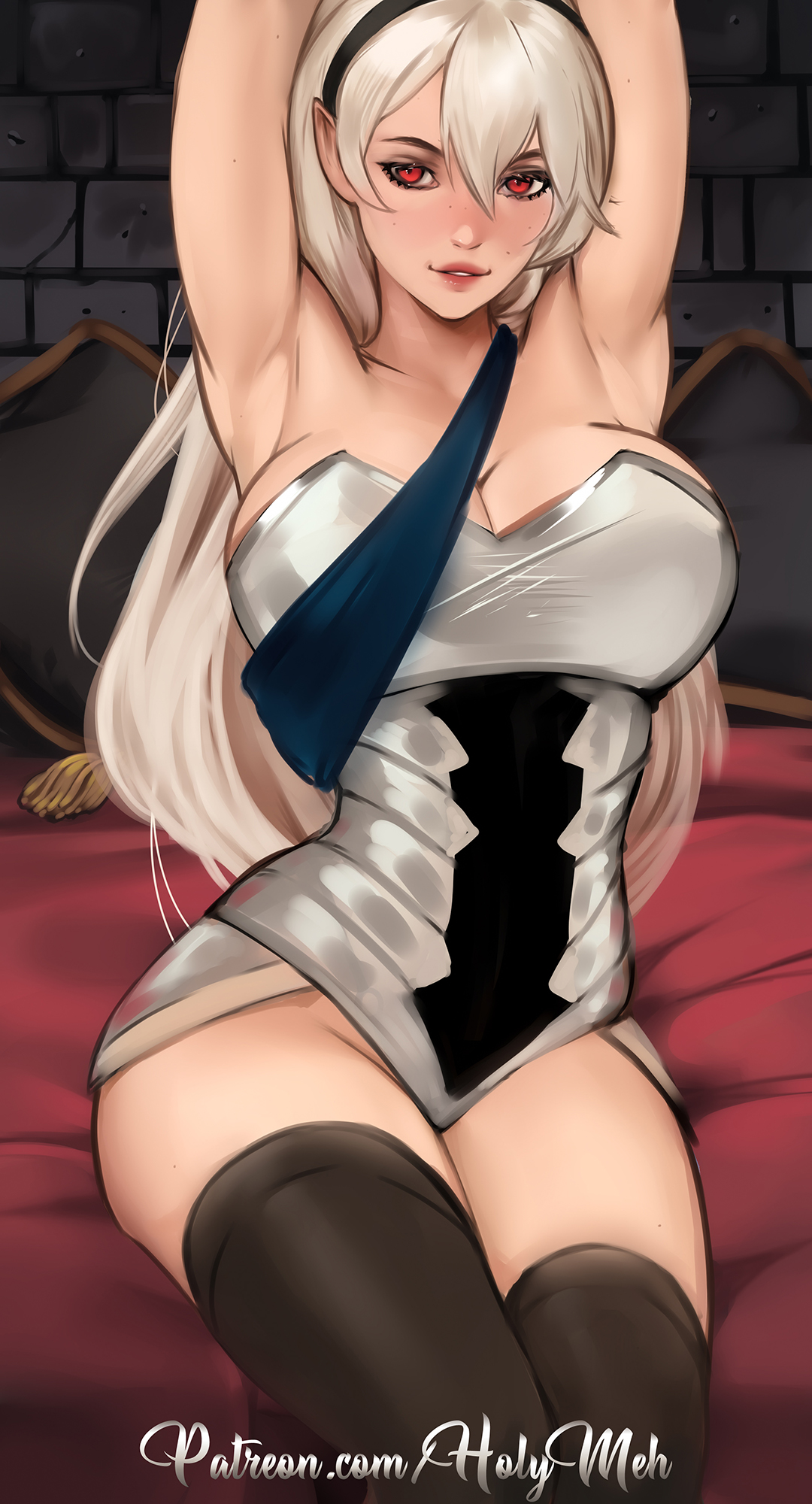 1girls, armpits, arms up, bare thighs, breasts, cleavage, corrin (fire emblem), corrin (fire emblem) (female), female, female only, fire emblem, fire emblem fates, grey hair, hairband, holymeh, large breasts, nintendo, on bed, pointy ears, red eyes, solo, thick thighs, thighhighs, thighs