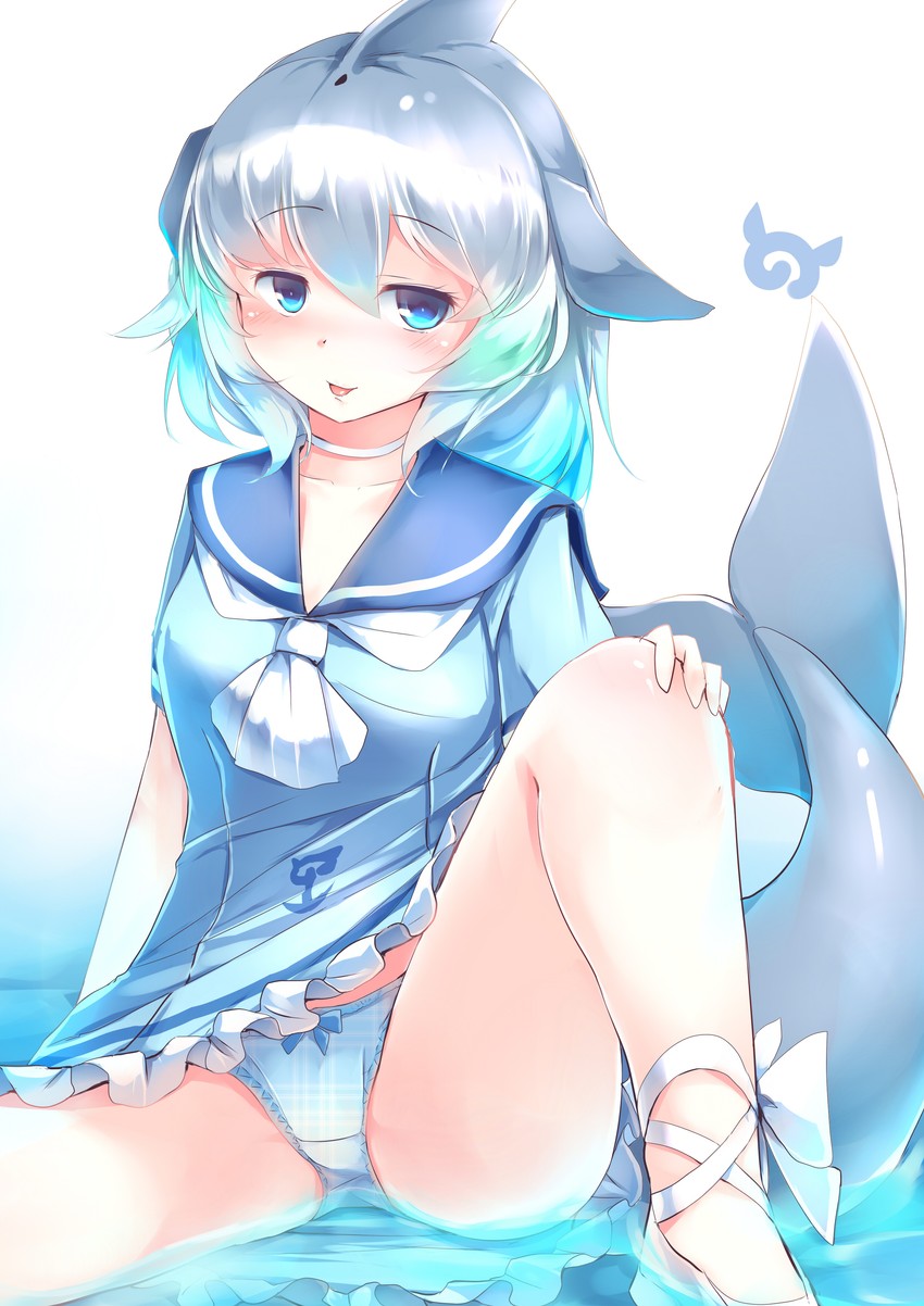 1girls :d absurdres anime_style bad_id bad_pixiv_id blowhole blue_dress blue_eyes blue_hair blush blushing_at_viewer breasts cetacean cetacean_tail character_name collar collarbone commentary common_bottlenose_dolphin_(kemono_friends) completely_nude contrapposto cowboy_shot digital_media_(artwork) dolphin dolphin_girl dorsal_fin female female_only fins fish fish_tail gradient_hair grey_hair hair_between_eyes hand_on_own_hip hand_up happy highres hybrid japari_symbol kanzakietc kemono_friends light-skinned light-skinned_female light_skin looking_at_viewer mammal mammal_humanoid multicolored_hair navel nipples no_bra no_panties no_sex one_eye_closed open_mouth pale pale-skinned_female pale_skin panties photoshop_(medium) pussy sailor_uniform simple_background sitting small_breasts smile solo spread_legs tail tongue tongue_out vagina water white_background