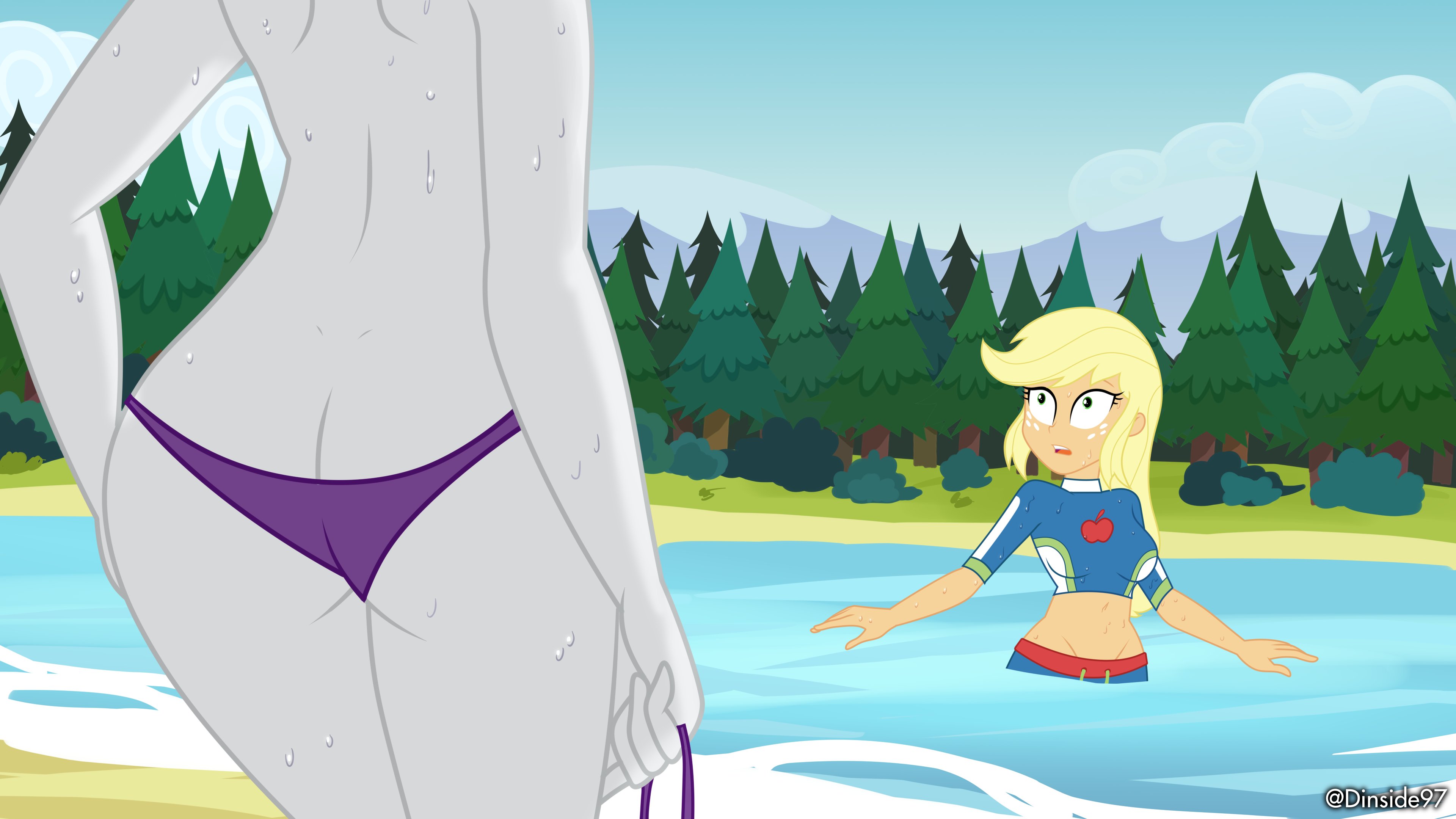 2girls, applejack (eg), applejack (mlp), back view, bikini, deadinside97, equestria girls, female, friendship is magic, my little pony, rarity (eg), rarity (mlp), topless female