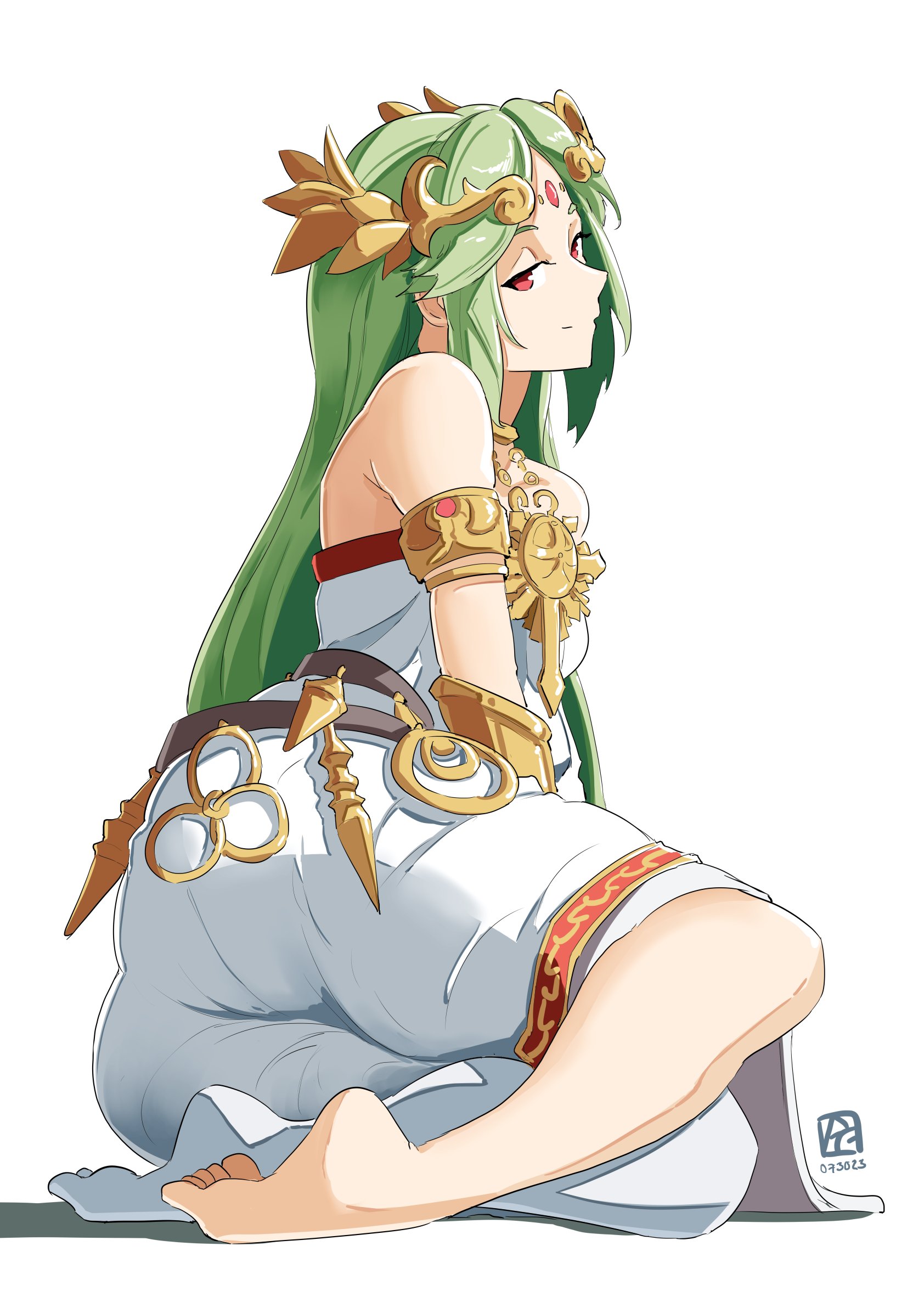 1girls, ass, automatic giraffe, breasts, female, female only, green hair, kid icarus, nintendo, palutena, smirk, smirking at viewer, solo, tagme