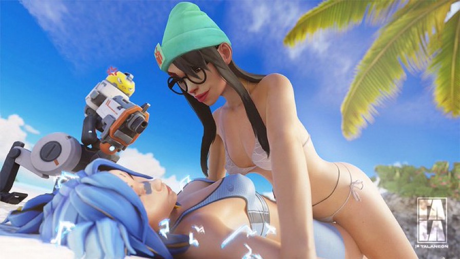 3d beanie bikini black_hair blue_hair electricity glasses killjoy_(valorant) lesbian lips lipstick neon_(valorant) on_top turret valorant yuri