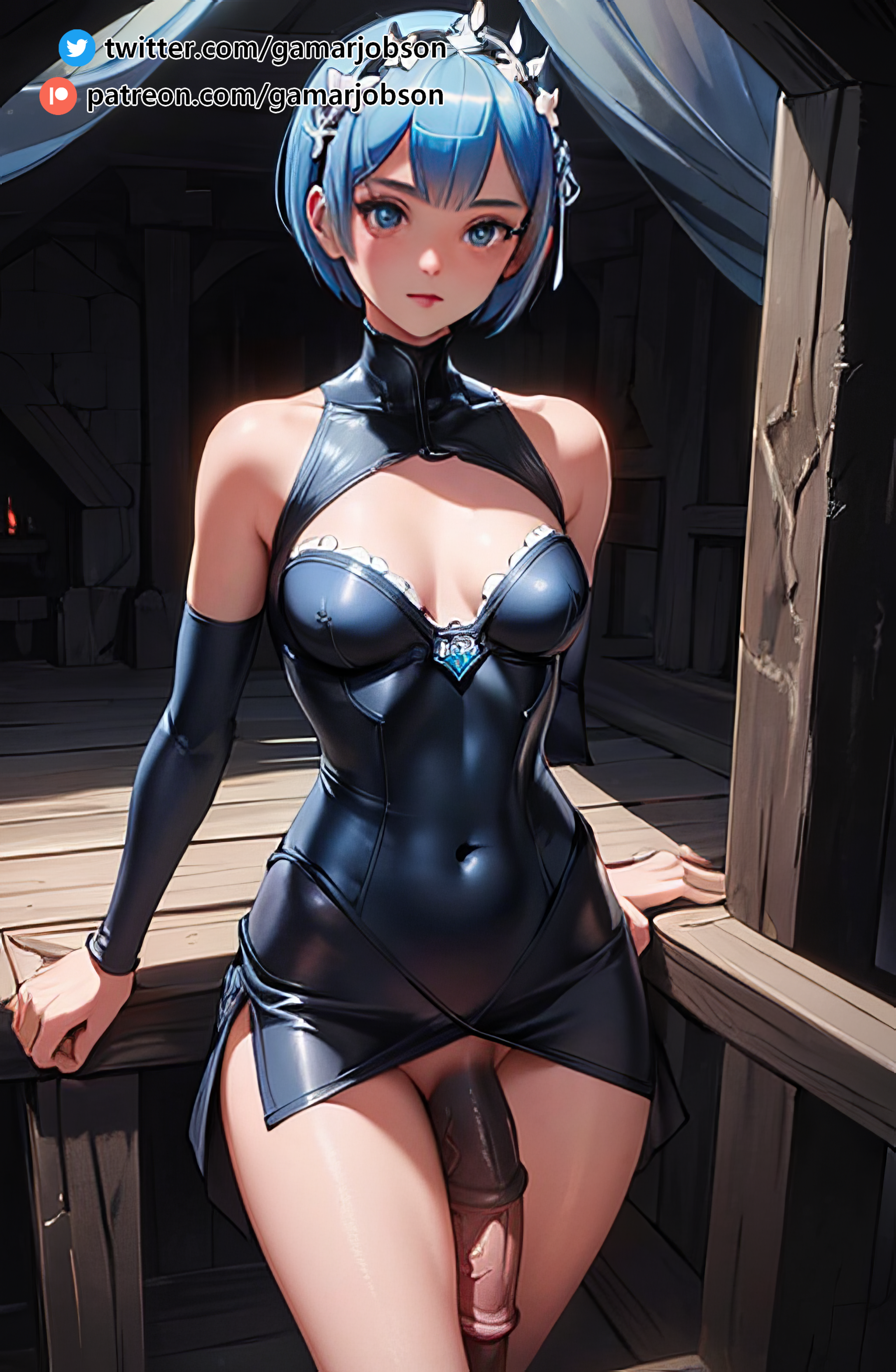 ai generated, big penis, blue hair, futa only, futanari, gamarjobson, horse penis, horsecock, human with animal genitalia, human with horsecock, intersex, maid, maid headdress, maid uniform, penis, re:zero kara hajimeru isekai seikatsu, rem (re:zero), seductive