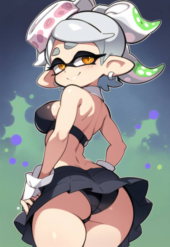 ai generated, ass, black panties, bra, bubble ass, bubble butt, female, gloves, inkling, inkling girl, light skin, light-skinned female, looking back, marie (splatoon), miniskirt, splatoon, white gloves, white hair, white tentacles, yellow eyes