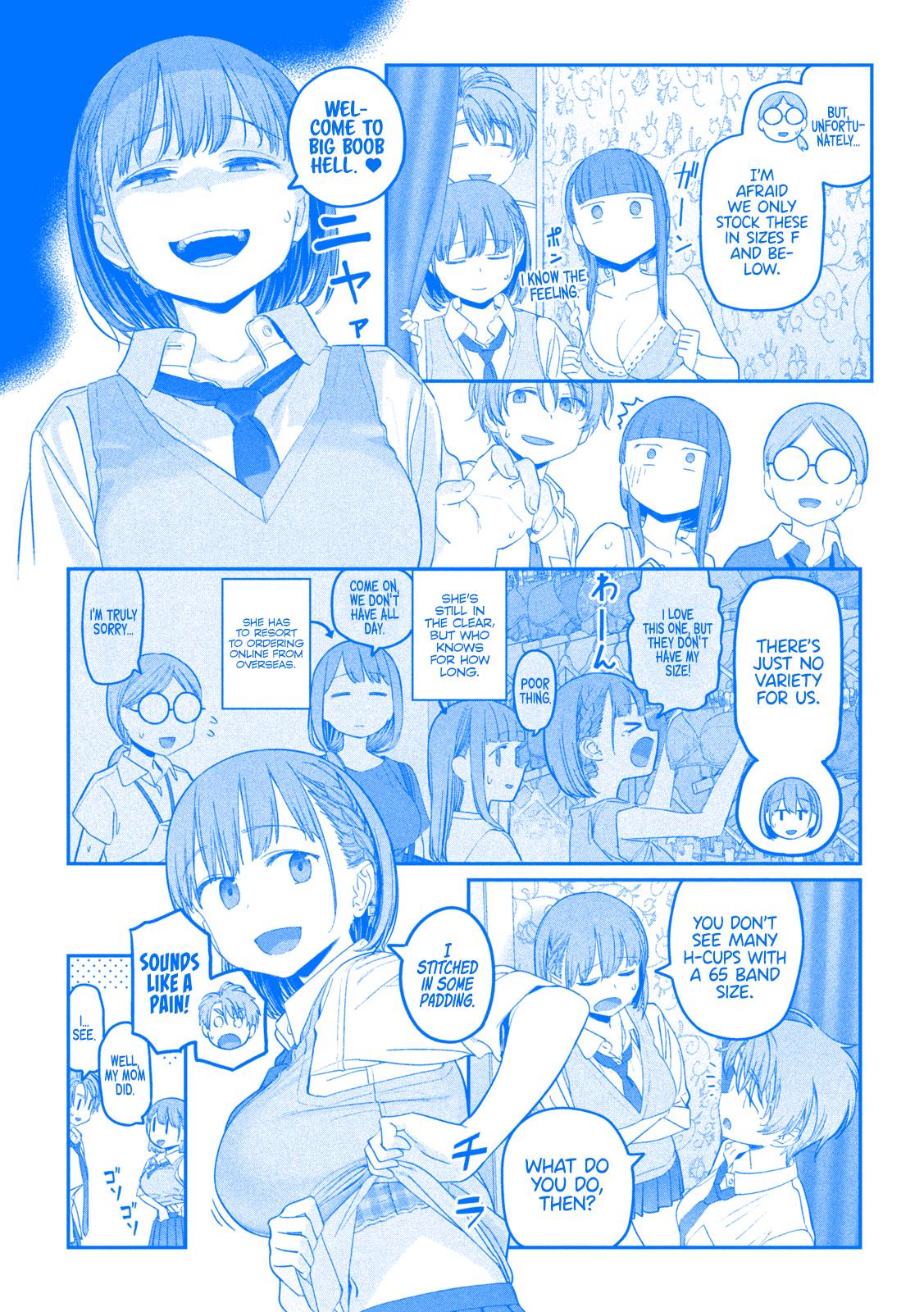 5girls ai-chan_(tawawa) blue_background bra breasts female getsuyoubi_no_tawawa huge_breasts inconvenient_breasts large_breasts manga_page official_art speech_bubble text volley-bu-chan_(tawawa)