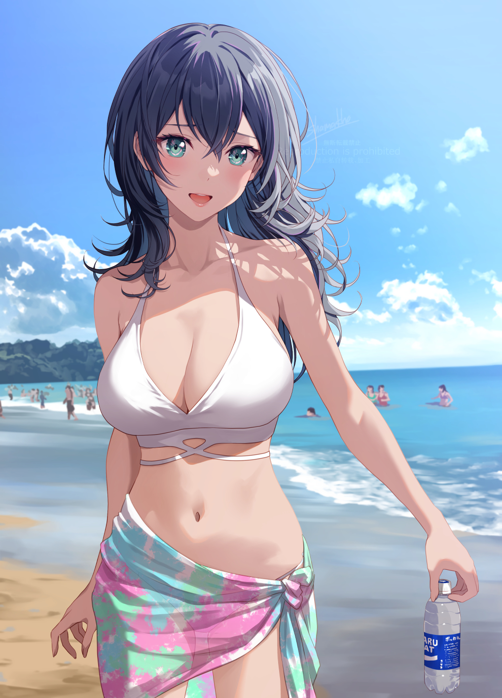 1girls aqua_eyes beach belly belly_button big_breasts female_focus kenzen_kanojo_uruka-chan! large_breasts long_hair original original_character shamakho swimsuit uruka-chan_(kenzen_kanojo_uruka-chan!)