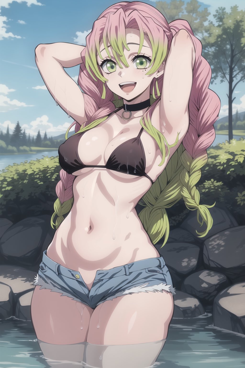 1girls, ai generated, belly, belly button, bikini, bikini top, braid, breasts, demon slayer, female, green eyes, kanroji mitsuri, kimetsu no yaiba, large breasts, looking at viewer, pink hair, shorts, solo, stable diffusion