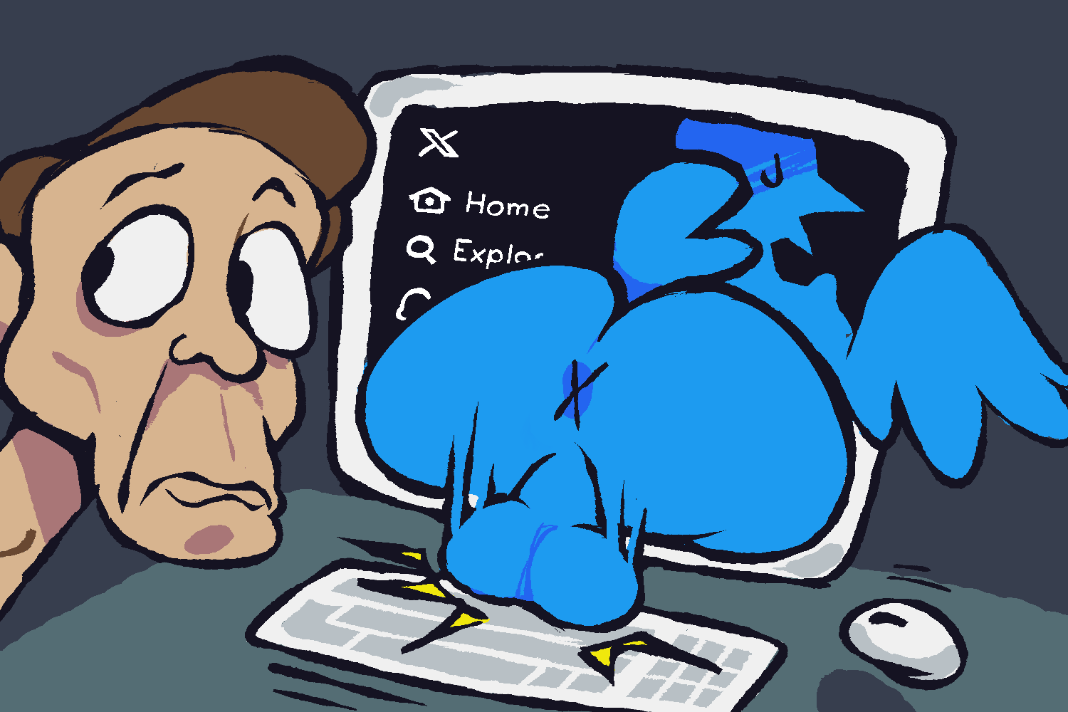 anthro anus ass avian balls beak big_butt bird blue_body blue_feathers bodily_fluids comedy computer duo feathers funny genitals grey_background human humor jerma985 male mammal short_tail simple_background sweat sweatdrop tail thatguynamedjoe through_wall twitter twitter_bird twitter_logo x_(social_media) x_anus