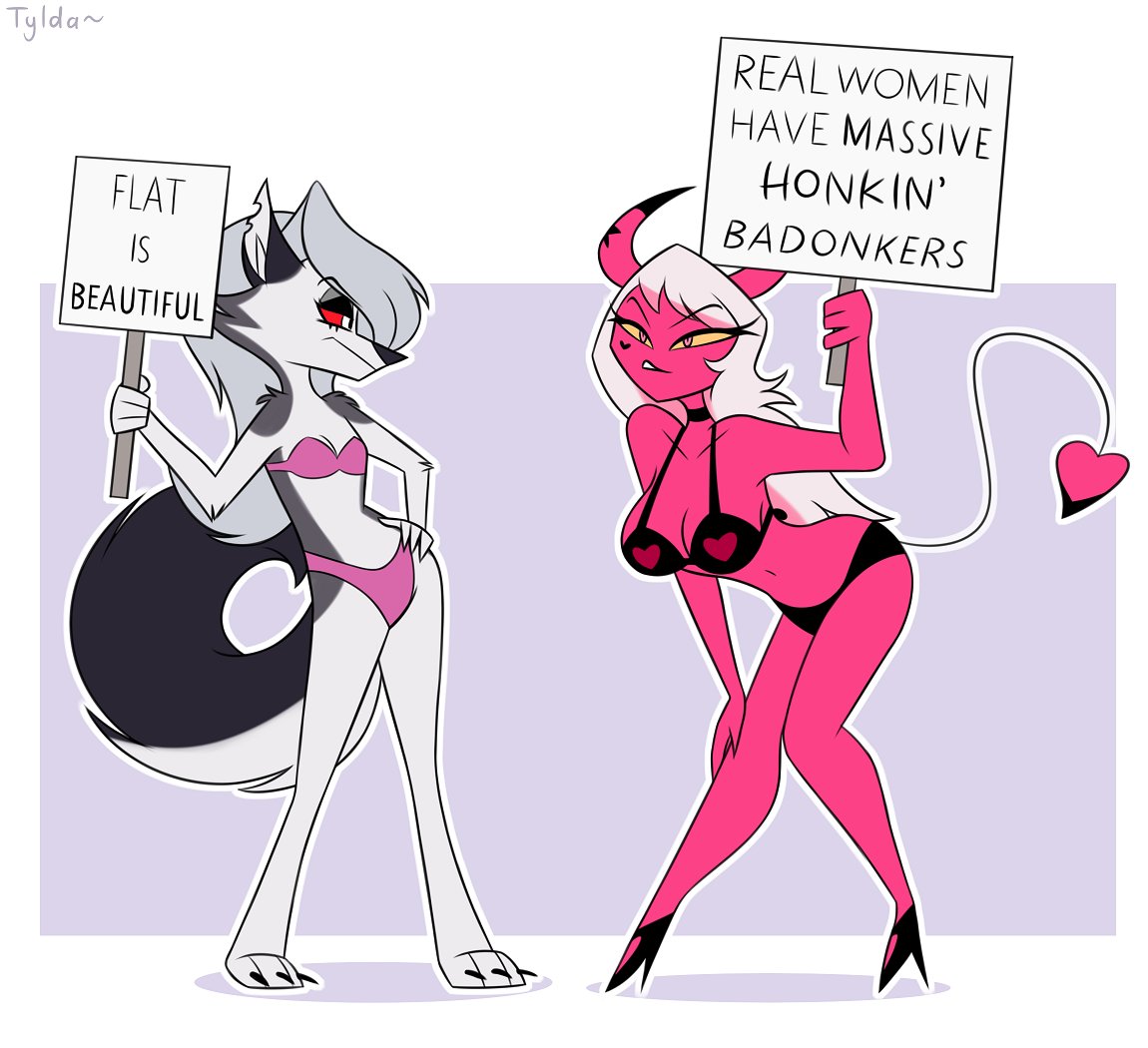 2demons, 2girls, animal ears, anthro, black nose, bra, breasts, canid demon, canine, choker, claws, demon, demon girl, demon horns, demon tail, digital media (artwork), dog ears, dog tail, female, flat chest, funktilde, funny, fur, furry, grey body, grey fur, grey hair, hair, hellhound, helluva boss, holding object, horns, long hair, loona (helluva boss), meme, multicolored body, multicolored fur, navel, pink body, pink eyes, pink hair, pink skin, red sclera, sign, succubus, tail, toe claws, verosika mayday (helluva boss), white body, white eyes, white fur, wolf, wolf ears, wolf tail, yellow sclera