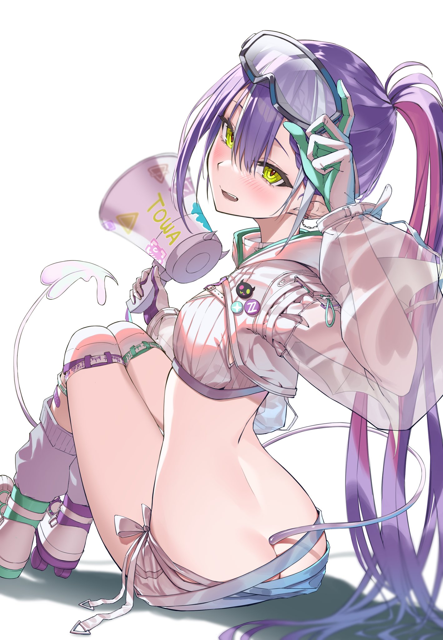 badge, boots, breasts, character name, fangs, female, from behind, holoforce, hololive, hololive japan, huge breasts, looking at viewer, looking back, medium breasts, midriff, osechi (pixiv56606477), pants down, smiling, socks, speaker, tokoyami towa, virtual youtuber