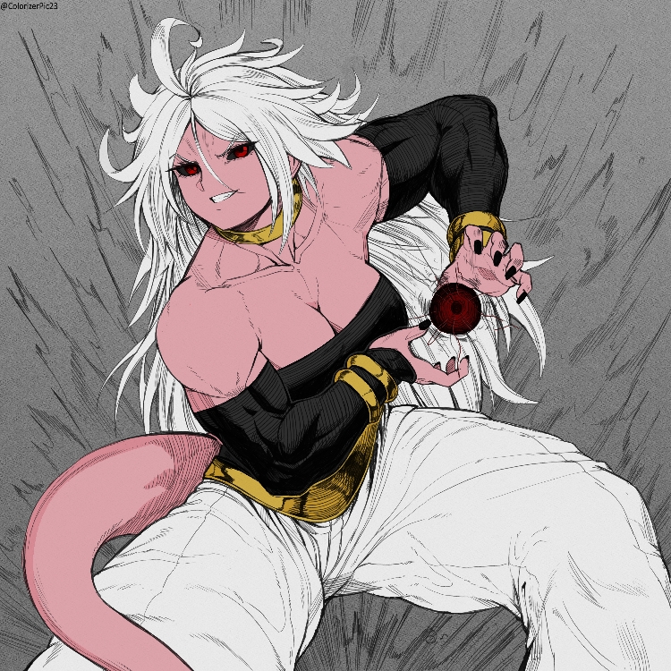 1girls android_21 android_21_(evil) arabian_clothes athletic_female bare_shoulders big_breasts black_nails black_sclera bracelet breasts dragon_ball dragon_ball_fighterz dragon_ball_z energy energy_ball female female_focus fit_female harem_outfit incoming_attack jewelry looking_at_viewer majin_android_21 monster_girl muscular muscular_female pink_body pink_skin pointy_ears red_eyes smile smiling_at_viewer solo solo_female speedl00ver spiked_hair tail teeth white_hair