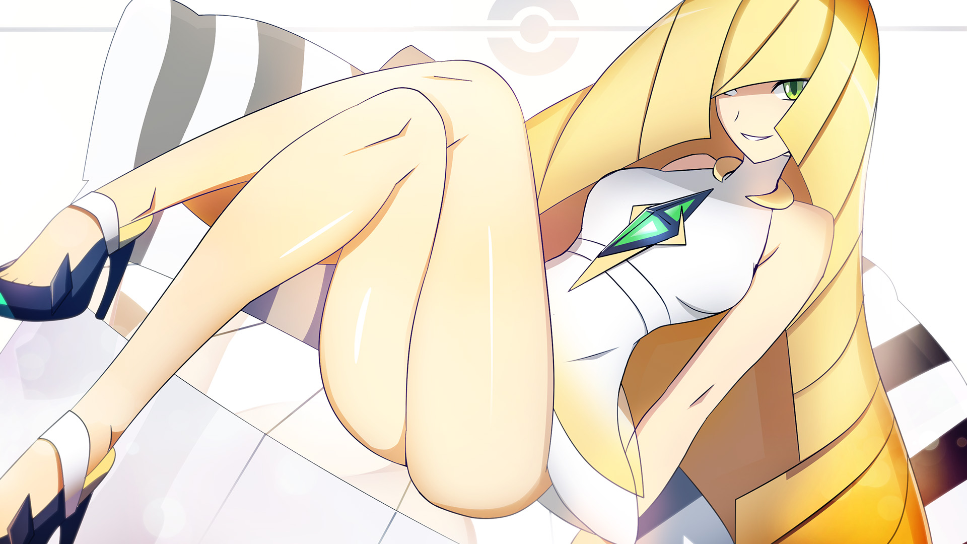 1girls, 2d, 2d (artwork), bare legs, blonde hair, clothed, female, green eyes, heels, human, long hair, long legs, looking at viewer, lusamine (pokemon), pokemon, pokemon sm, smile, smiling, smiling at viewer, tagme, thighs, very long hair, vivivoovoo