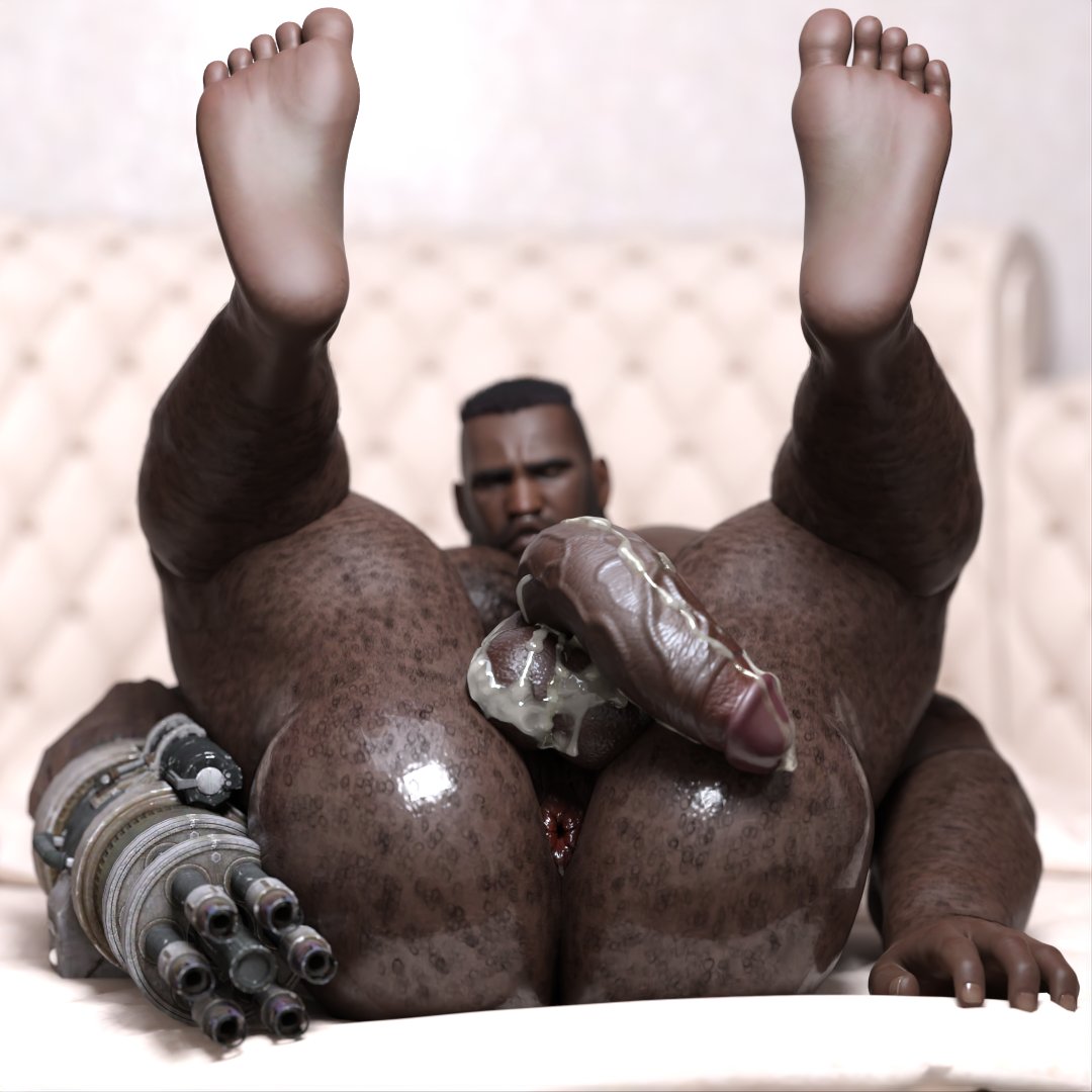 3d 3d_(artwork) balls bara barefoot barret_wallace beard big_penis black_hair cum dark-skinned_male dark_skin facial_hair final_fantasy final_fantasy_vii flaccid male male_only melanin muscles muscular nsfwmaker nude penis prosthetic_arm solo solo_male tsilyaxd