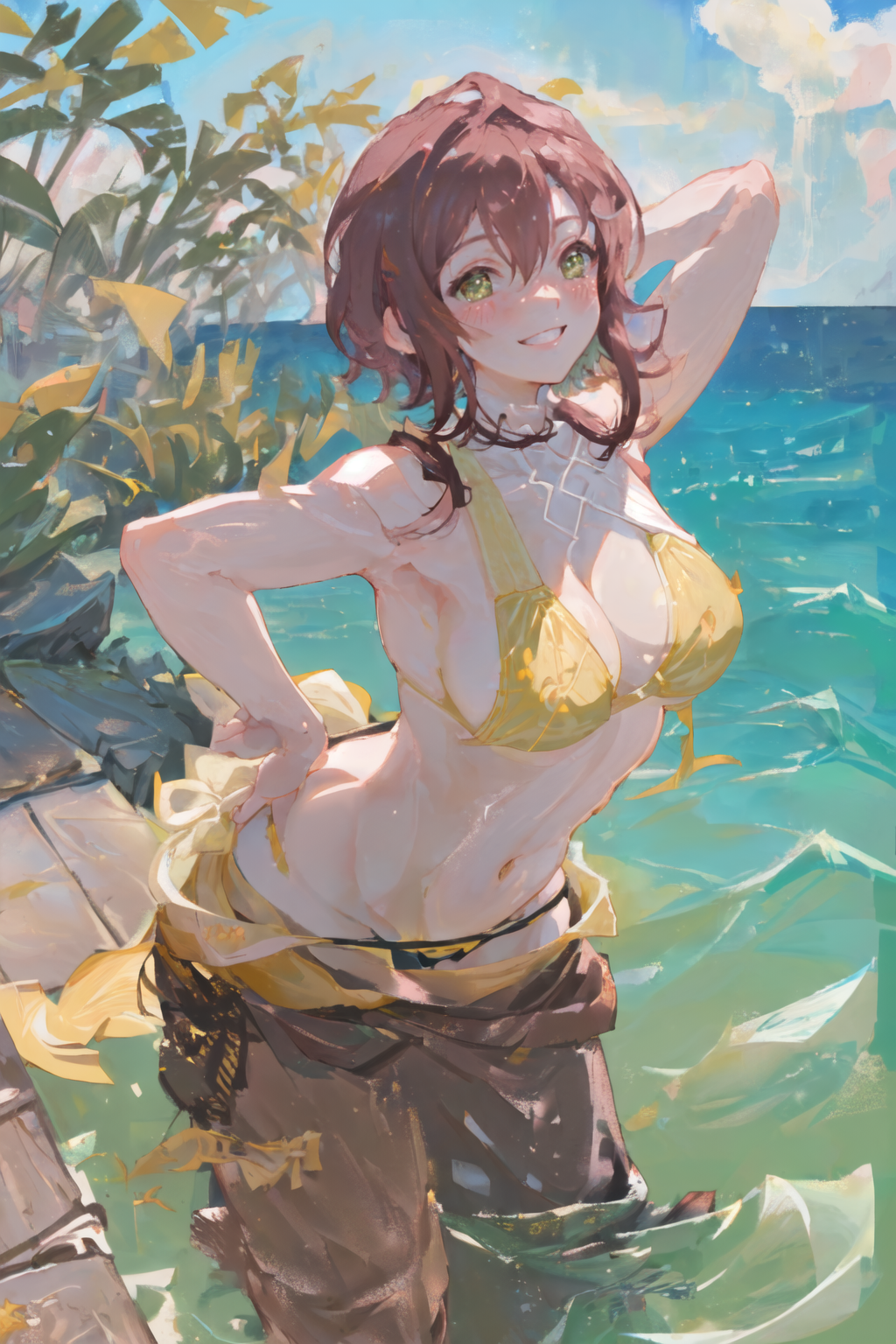 1girls ai_generated beach bikini female gender_transformation genderswap_(mtf) genshin_impact green_eyes medium_breasts red_hair shadow shikanoin_heizou short_hair space_o_space stable_diffusion