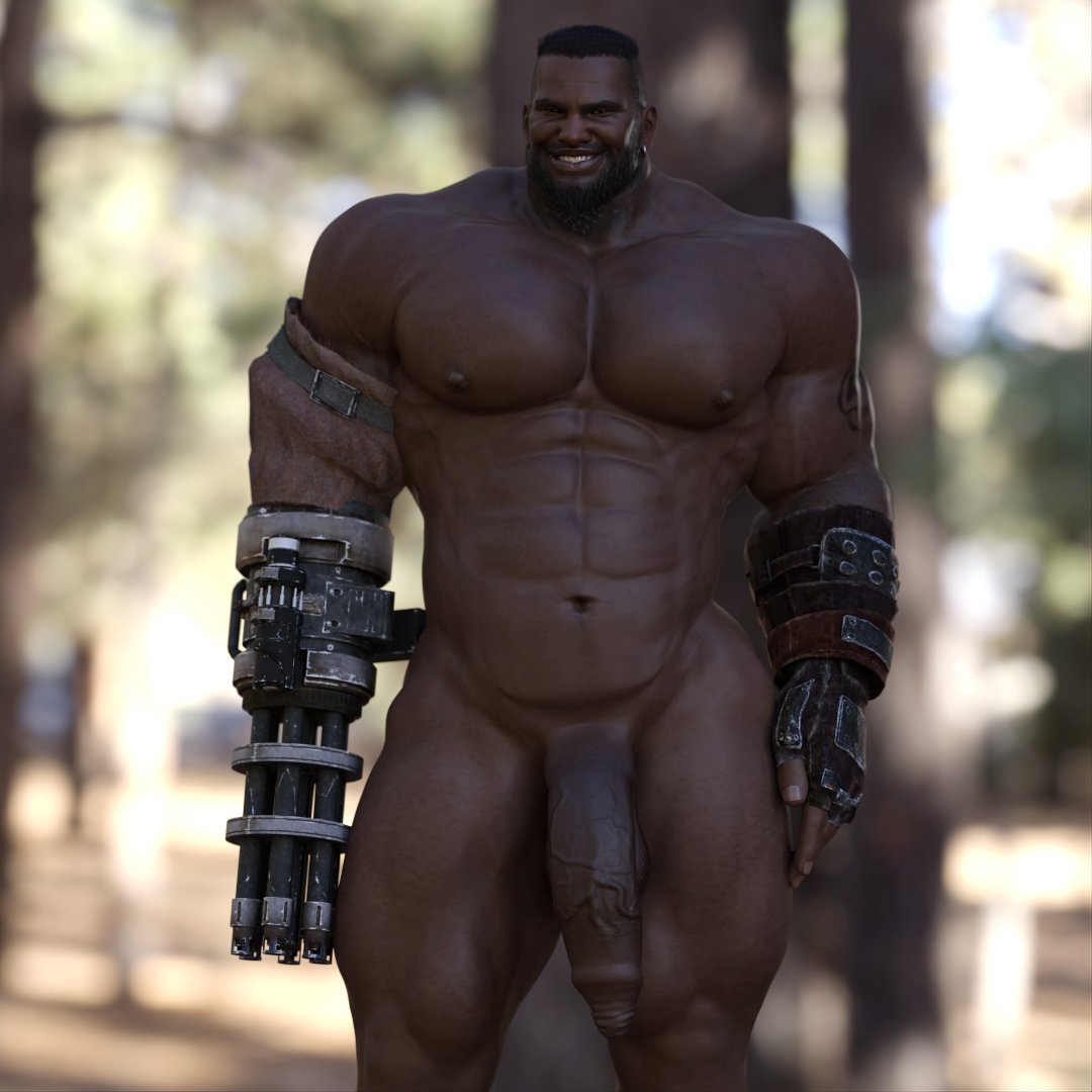 3d 3d_(artwork) balls bara barret_wallace beard big_penis black_hair dark-skinned_male dark_skin facial_hair final_fantasy final_fantasy_vii flaccid male male_only muscles muscular nsfwmaker nude penis prosthetic_arm solo solo_male tsilyaxd