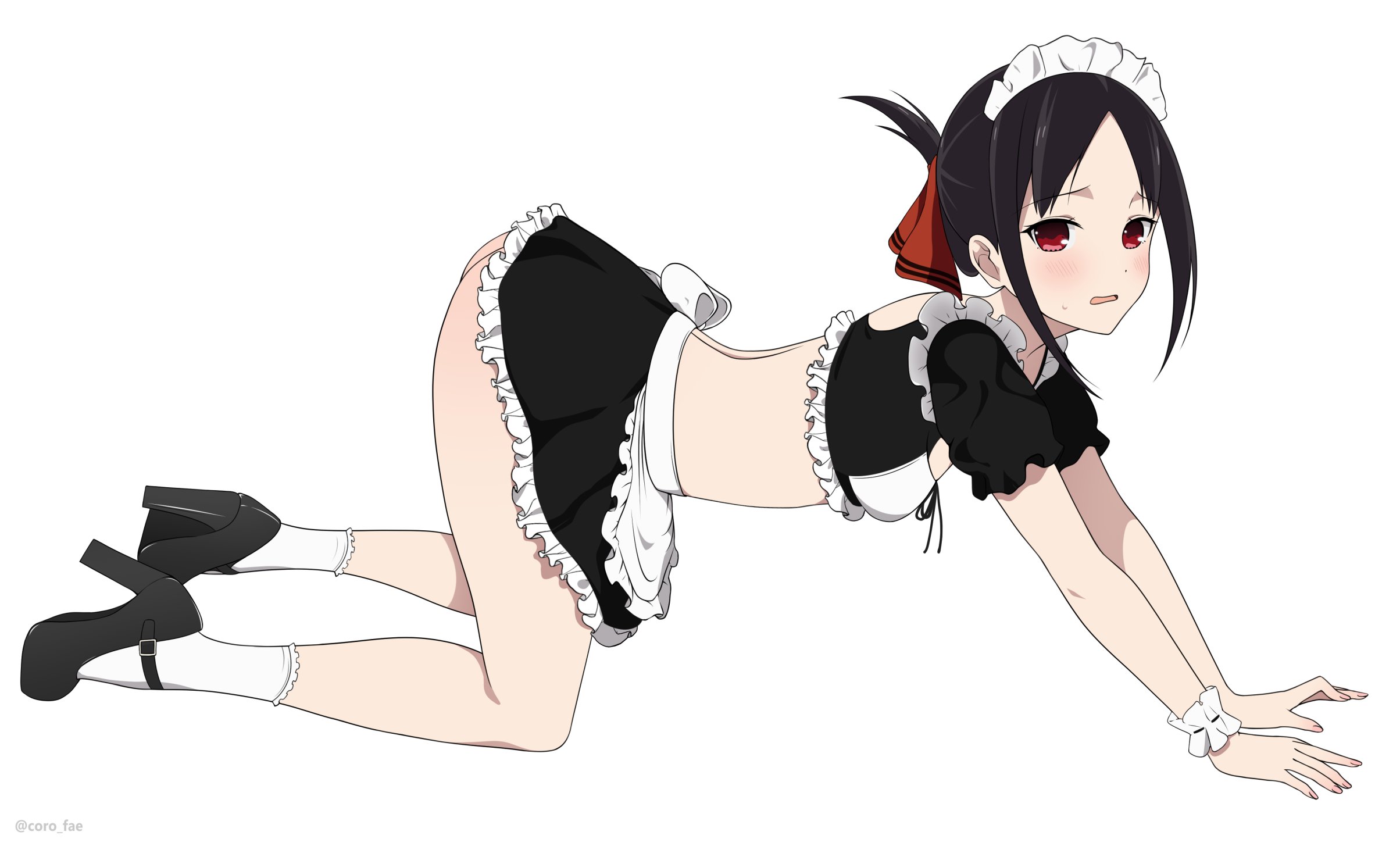 1girls, accurate art style, all fours, ass, black hair, blush, blush lines, breasts, coro fae, crouched, dark hair, exposed ass, female, female only, flat chest, flat chested, full body, fully clothed, heels, human, kaguya-sama wa kokurasetai ~tensai-tachi no renai zunousen~, light skin, light-skinned female, looking at viewer, maid, maid apron, maid headdress, maid outfit, maid uniform, no panties, official style, open mouth, petite, petite body, petite female, red eyes, shinomiya kaguya, short hair, shy, skirt, skirt lift, skirt up, small breasts, solo, waist