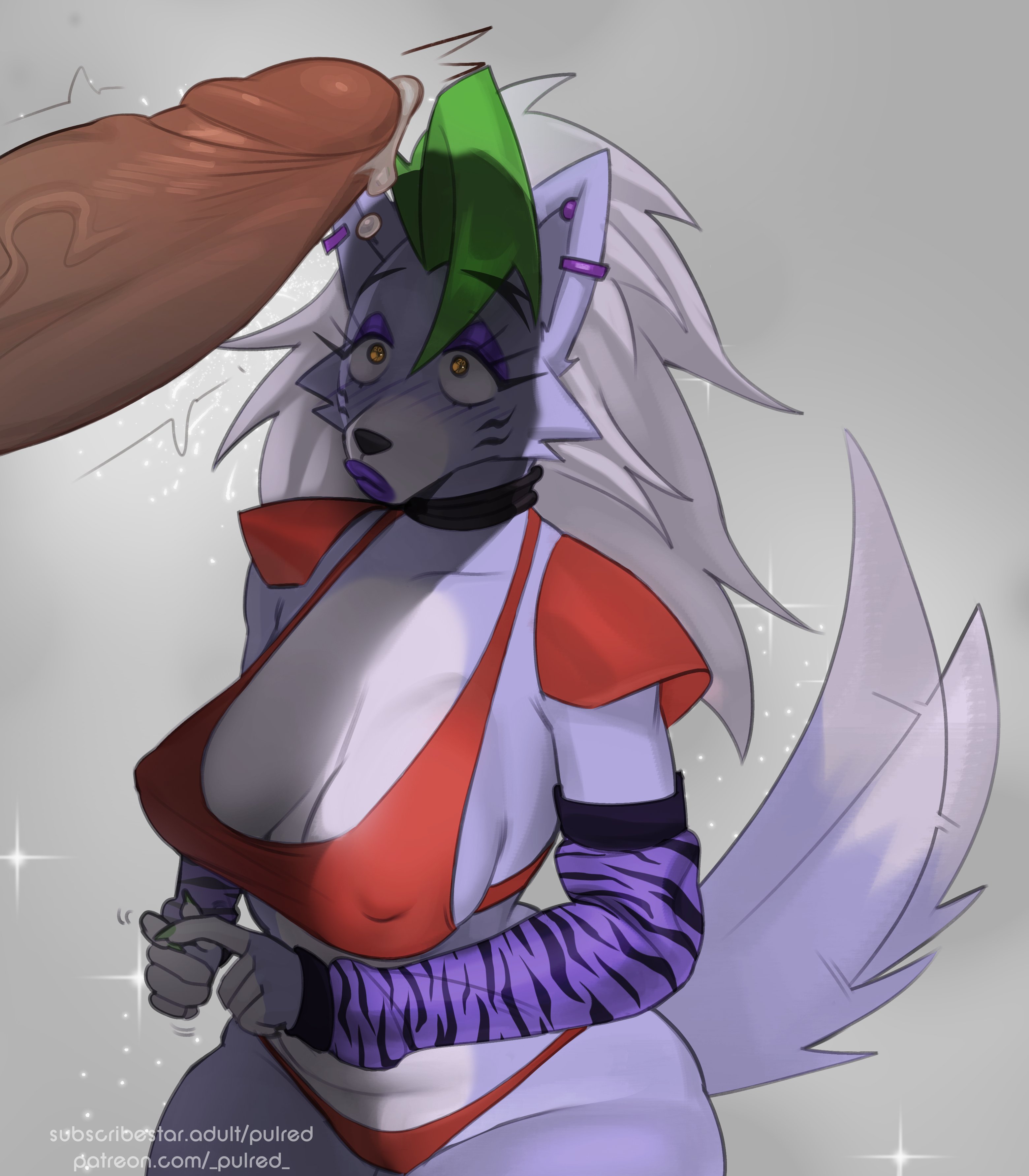 1girls, animatronic, big breasts, blush, breasts, female, female focus, five nights at freddy's, five nights at freddy's: security breach, green hair, green nails, large breasts, long hair, looking at penis, male, penis, penis shadow, pulred, purple fur, purple lipstick, roxanne wolf (fnaf), shadow, straight, white fur, white hair, yellow eyes