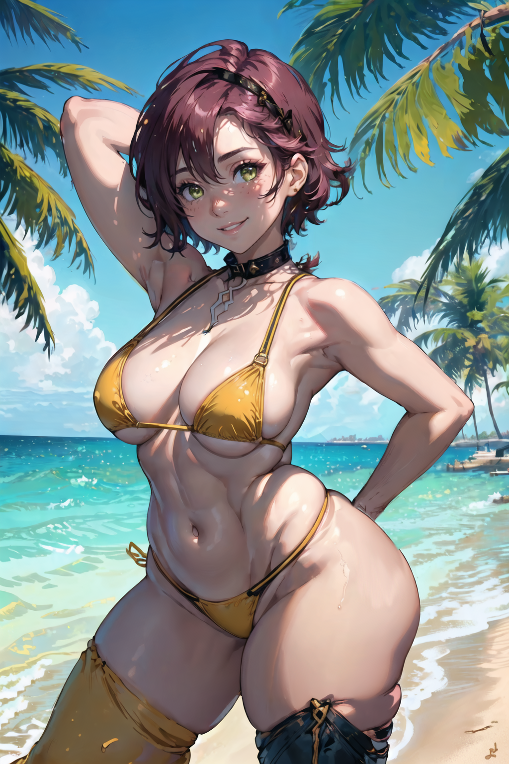 1girls ai_generated beach bikini female gender_transformation genderswap_(mtf) genshin_impact green_eyes medium_breasts red_hair shadow shikanoin_heizou short_hair space_o_space stable_diffusion