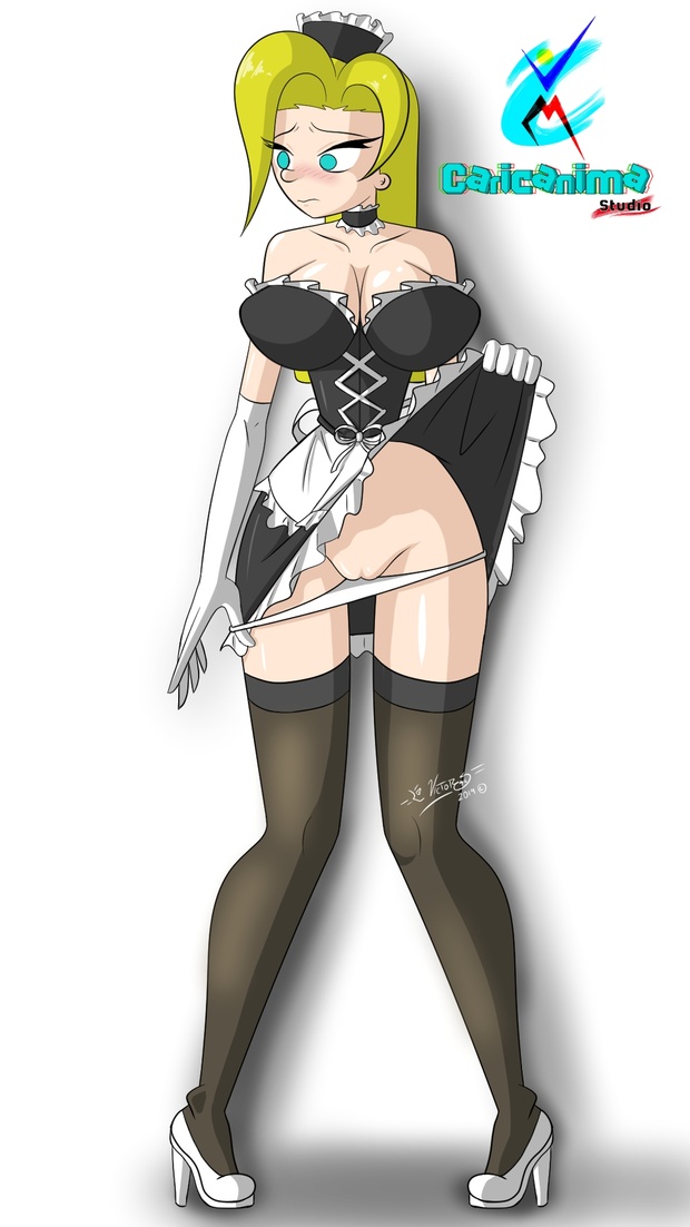 1girls 2019 big_breasts blonde_hair blue_eyes blushing caricanima cleavage curvy curvy_hips embarrassed exposing_self gloves heels lifting_skirt looking_away maid_cap maid_collar maid_uniform my_favorite_nanny pulling_down_panties pussy stockings thigh_highs yazmin_(caricanima)