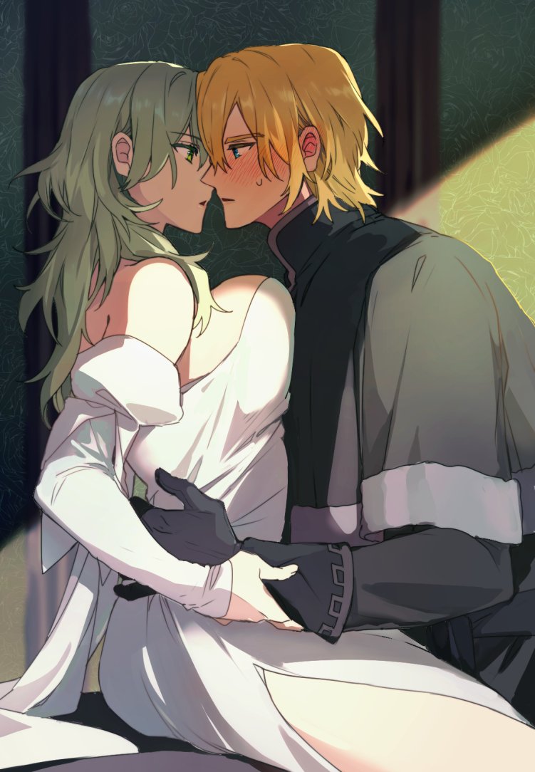 1boy 1girls blonde_hair blue_eyes blush breast_press breasts_against_chest breasts_pressed_against_partner byleth_(fire_emblem) byleth_(fire_emblem)_(female) clothing dimitri_alexandre_blaiddyd eye_contact fire_emblem fire_emblem:_three_houses grabbing_waist grabbing_wrists green_eyes green_hair imminent_kiss kkomcce large_breasts nintendo thighs