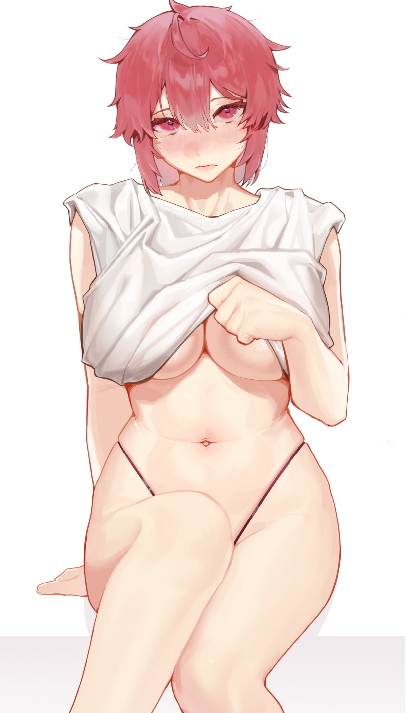 1girls aizawa_tomo arm_support black_panties blush breasts cleavage clothes_lift feet_out_of_frame female highleg highleg_panties highres large_breasts looking_at_viewer navel nose_blush panties red_eyes red_hair rounan58287 shirt shirt_lift solo stomach string_panties tomboy tomo-chan_wa_onna_no_ko underboob underwear white_background white_shirt