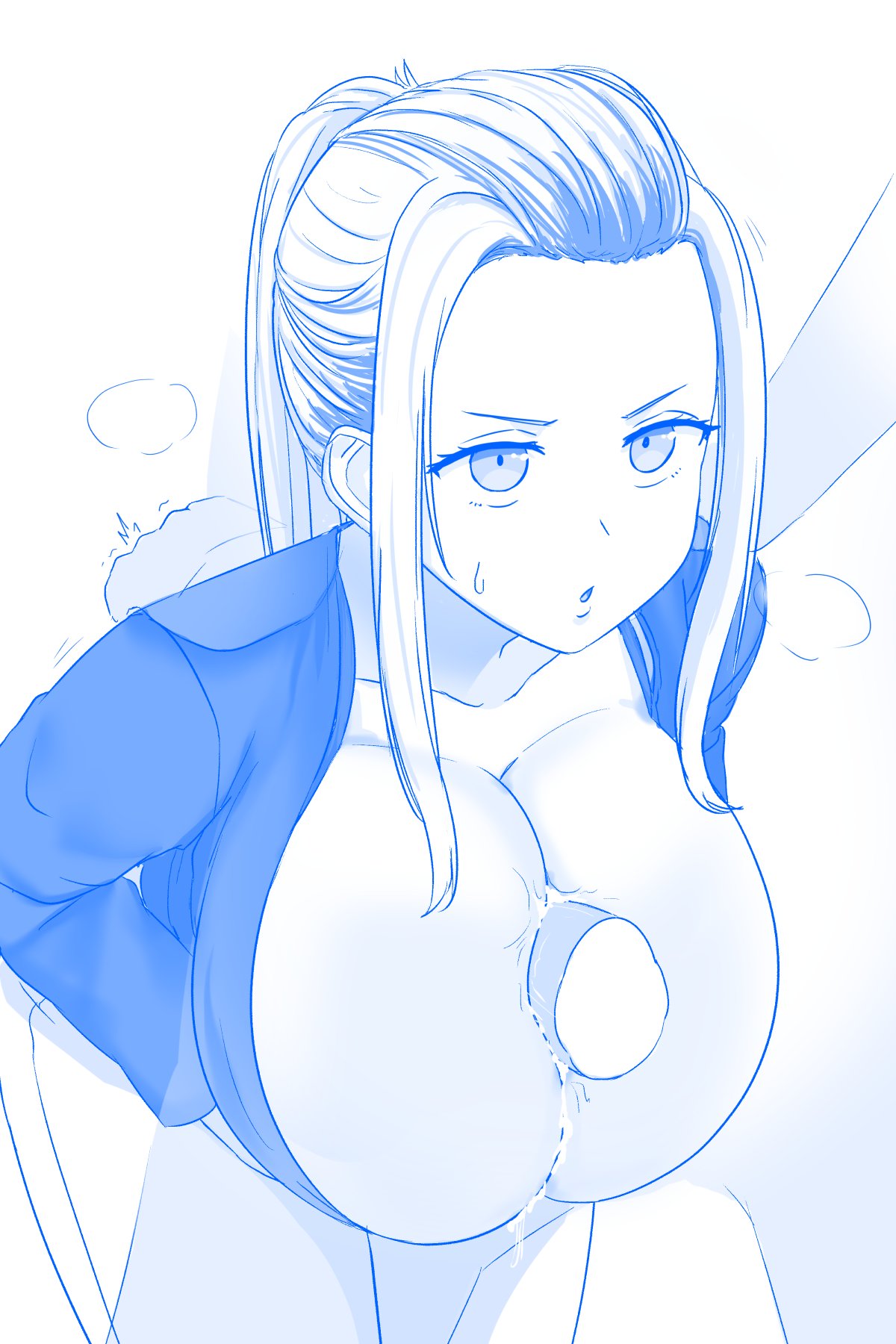 1boy, 1girls, 2023, big breasts, big penis, breasts, cleavage, cum, cum between breasts, cum on breasts, disembodied penis, duo, dyed hair, ejaculation, ejaculation between breasts, fanart, female, female focus, gigantic breasts, huge breasts, large breasts, large penis, long hair, male, mature female, nao (ritsancrossover), oc, offscreen character, offscreen male, original, original character, paizuri, penis, perpendicular paizuri, top heavy, white background