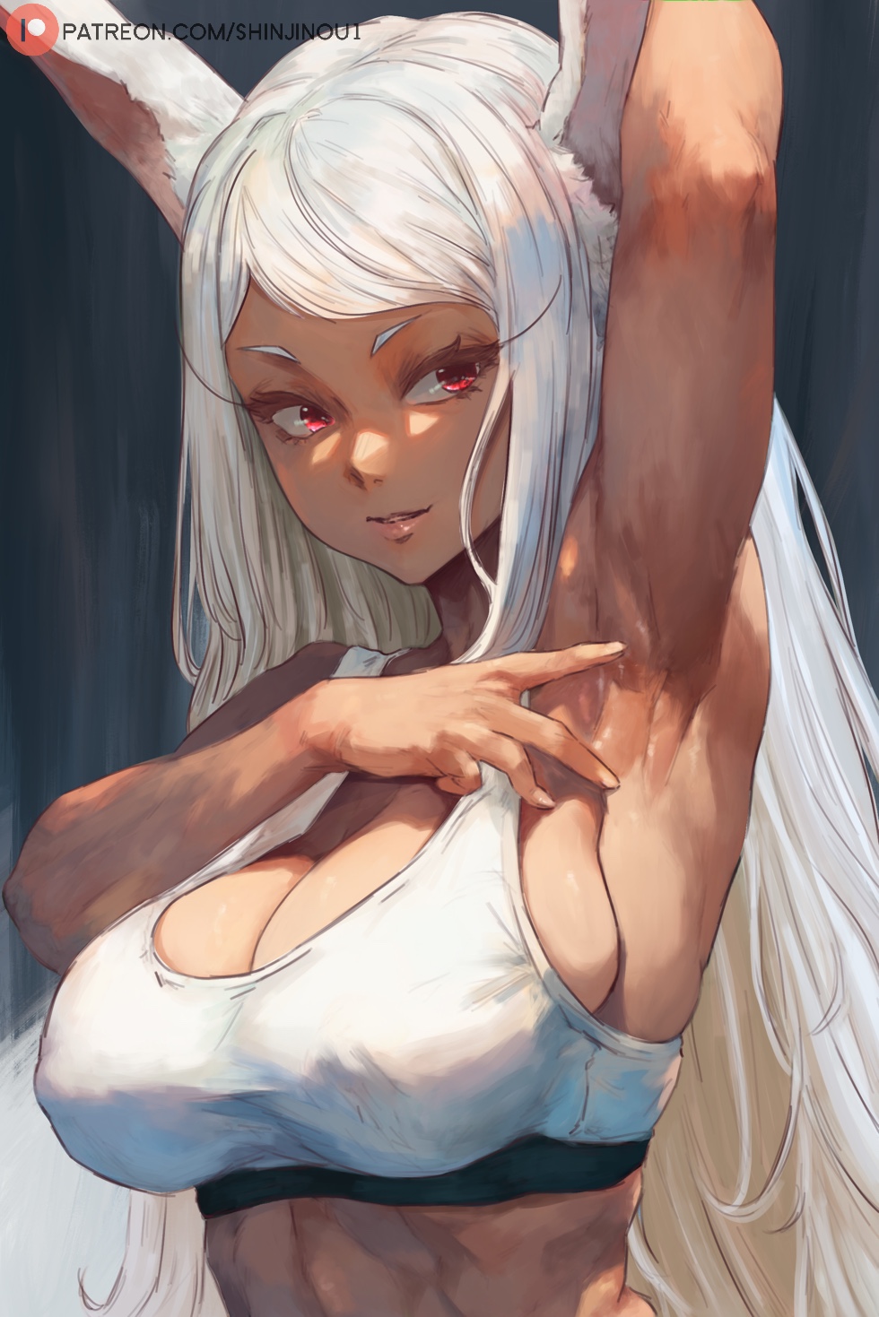 1girls, armpit fetish, armpits, boku no hero academia, breasts, cutesexyrobutts (style), dark skin, dark-skinned female, female, female only, fully clothed, long eyelashes, miruko, my hero academia, patreon url, rabbit ears, red eyes, rumi usagiyama, shinjinou, smile, solo, sports bra, spreading armpit, usagiyama rumi, white hair, white-haired female