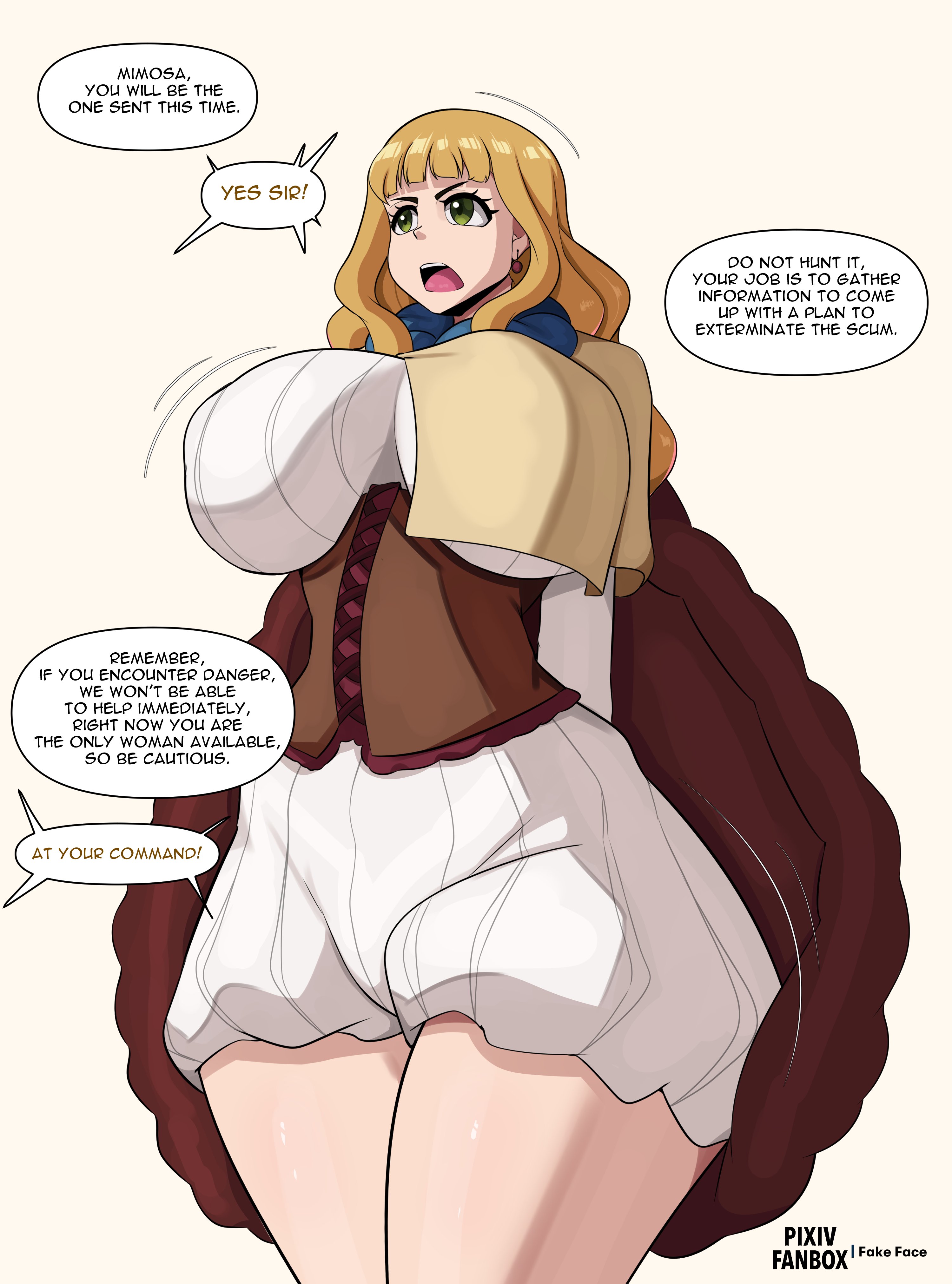 1girls, black clover, blonde hair, breasts, brown hair, comic page, dialogue, english text, fake face, female, female only, fully clothed, green eyes, hips, huge breasts, light skin, light-skinned female, long hair, mimosa vermillion, solo, speech bubble, text, thick thighs, thighs, wide hips