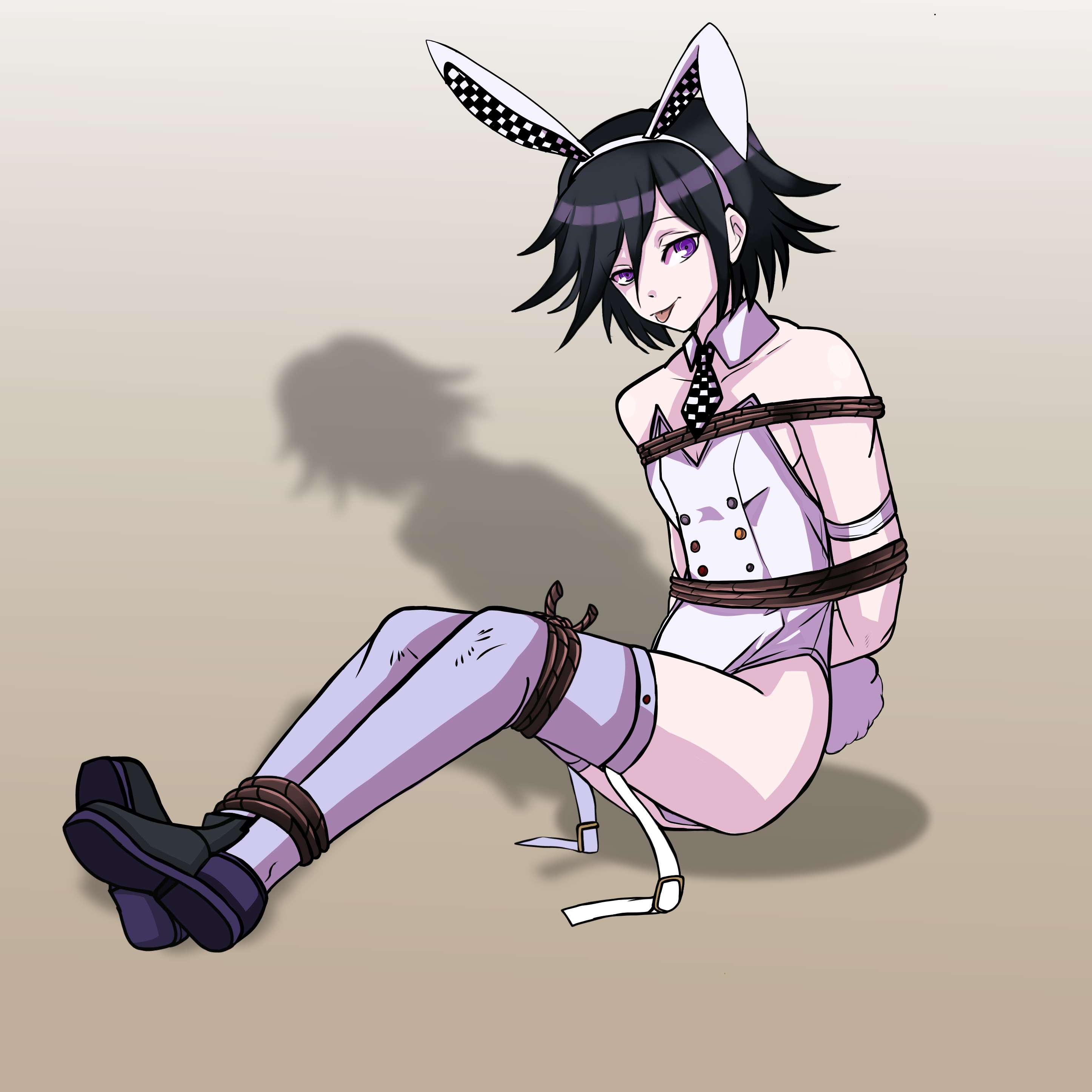 1boy, ass, bare shoulders, bondage, bound, bound legs, bunny boy, bunny ears, bunny tail, bunnysuit, danganronpa, danganronpa v3, femboy, feminine male, kokichi ouma, looking at viewer, male, otoko no ko, ouma kokichi, playboy bunny, purple eyes, purple hair, restrained, restrained legs, rope, rope bondage, shadow, sitting, solo, solo male, straight hair, straps, tied up, tongue, tongue out, twink