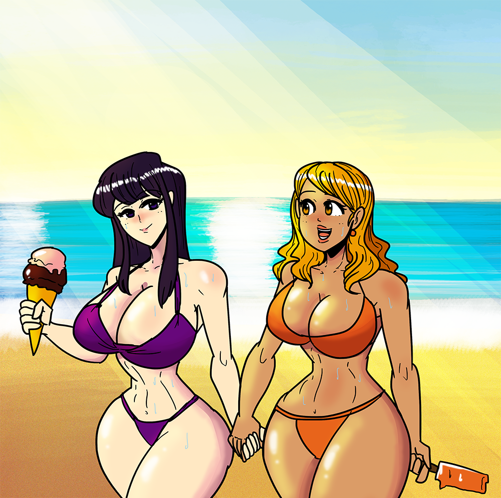 2girls big_breasts bikini black_hair blonde_hair curvy_female dark-skinned_female female female_only fully_clothed gyaru komi-san_wa_komyushou_desu komi_shouko lesbian manbagi_rumiko orange_bikini pale_skin pressing_breasts purple_bikini slim_waist thick_thighs white_skin wholesome wide_hips yuri