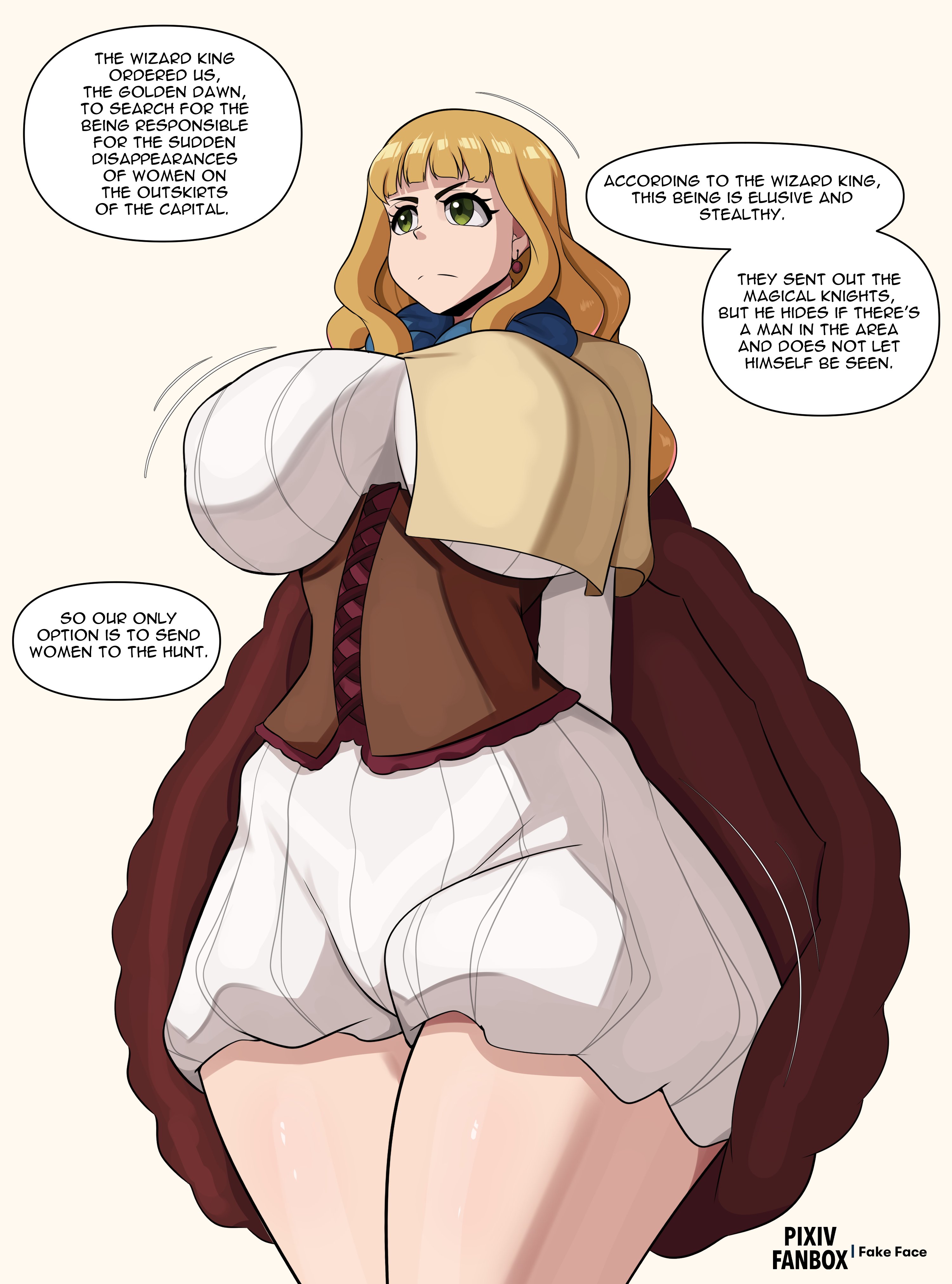 1girls, black clover, blonde hair, breasts, brown hair, comic page, dialogue, english text, fake face, female, female only, fully clothed, green eyes, hips, huge breasts, light skin, light-skinned female, long hair, mimosa vermillion, solo, speech bubble, text, thick thighs, thighs, wide hips
