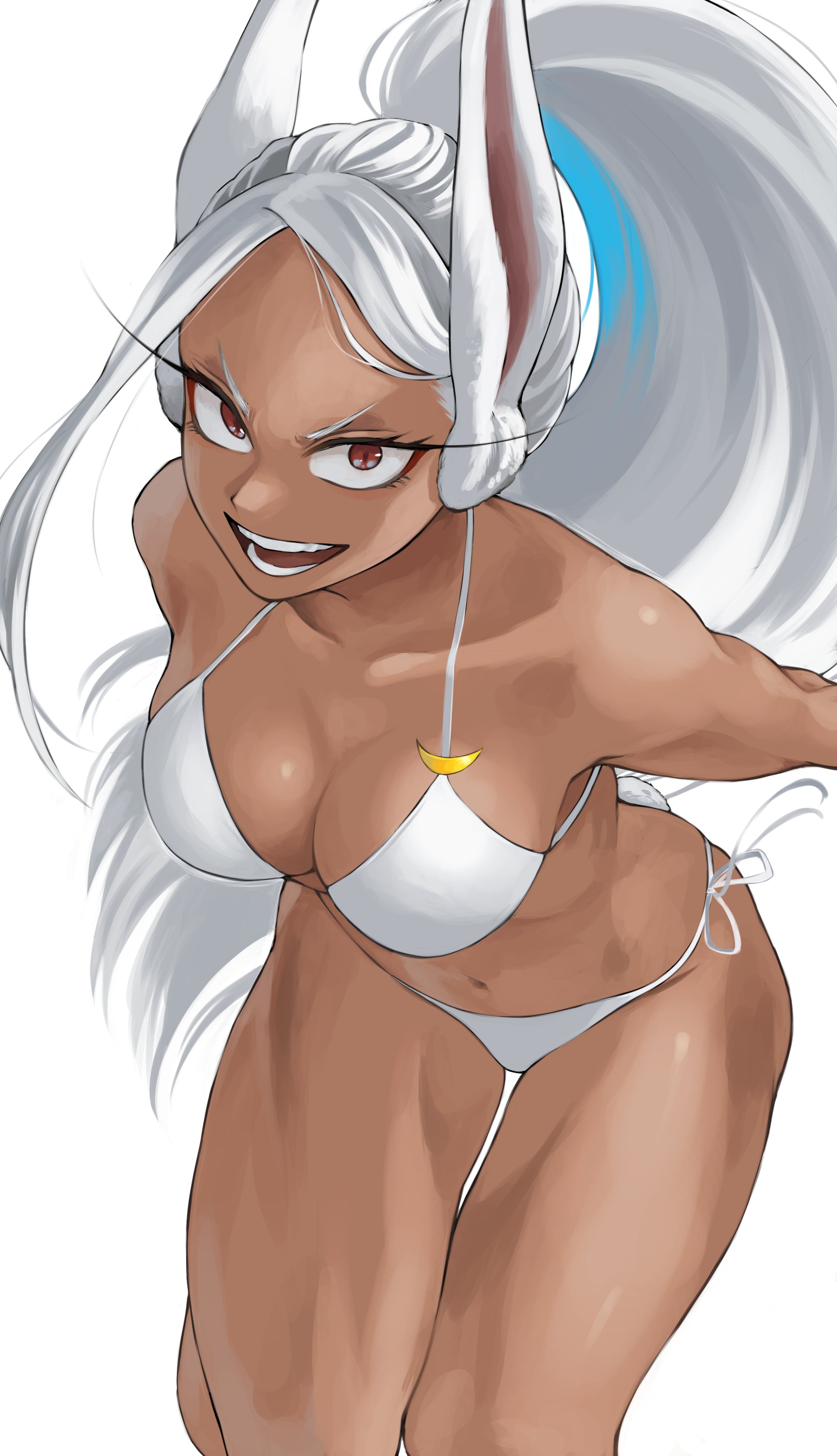 1girls, absurd res, animal ears, bare shoulders, bikini, boku no hero academia, breasts, bunny ears, bunny tail, cleavage, clothing, collarbone, dark skin, dark-skinned female, eyelashes, female, female focus, female only, fengling (furin-jp), fully clothed, hips, human, long hair, looking at viewer, medium breasts, miruko, my hero academia, navel, open mouth, pinup, ponytail, red eyes, revealing clothes, rumi usagiyama, shiny skin, sideboob, simple background, skimpy, smile, solo, solo female, swimsuit, tail, teeth, thigh gap, thighs, tied hair, tongue, usagiyama rumi, white background, white hair, white-haired female