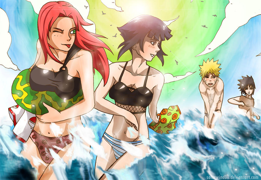 2boys 2girls bikini enm female human hyuuga_hinata male multiple_boys multiple_girls naruto naruto_(series) sakura_haruno sasuke_uchiha stolen_swimming_trunks stolen_swimsuit underwear uzumaki_naruto