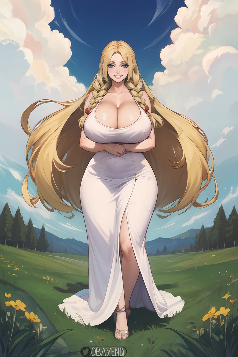 1girls ai_generated big_hair blonde blonde_female blonde_hair braids busty cleavage curvaceous curvy_female green_eyes hourglass_figure huge_breasts looking_at_viewer obayen original_character outdoors seductive_look stable_diffusion top_heavy voluptuous voluptuous_female white_dress