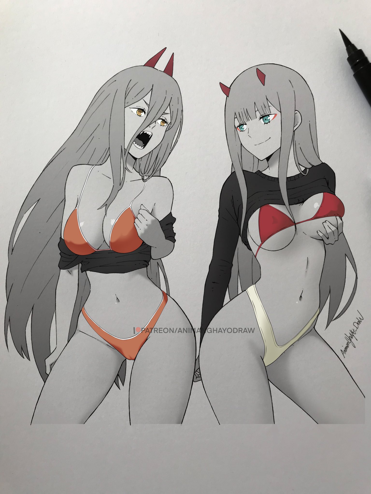 animanghayodraw, bikini, chainsaw man, crossover, darling in the franxx, female, horns, power (chainsaw man), tagme, zero two (darling in the franxx)
