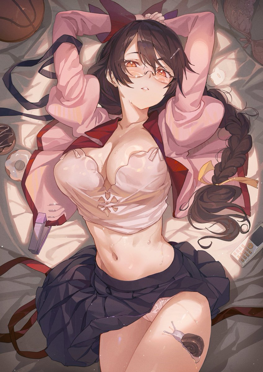 arms_behind_head arms_up basketball bra bra_removed braided_ponytail donut glasses hanekawa_tsubasa hxxg lying_on_bed monogatari_(series) open_clothes panties pink_shirt skirt snail thighs