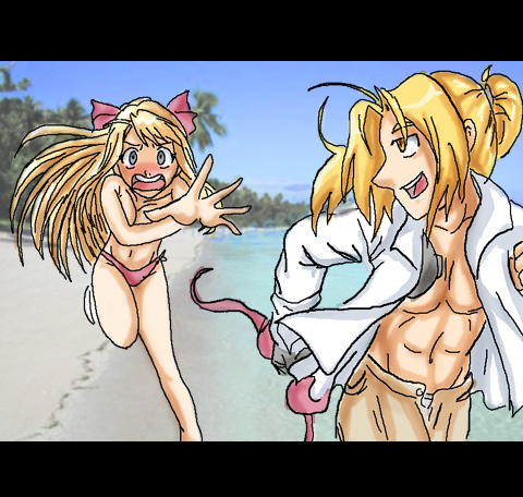 00s 2000s 2006 bikini edward_elric enf fullmetal_alchemist stolen_bikini stolen_swimsuit swimming_trunks swimsuit winry_rockbell