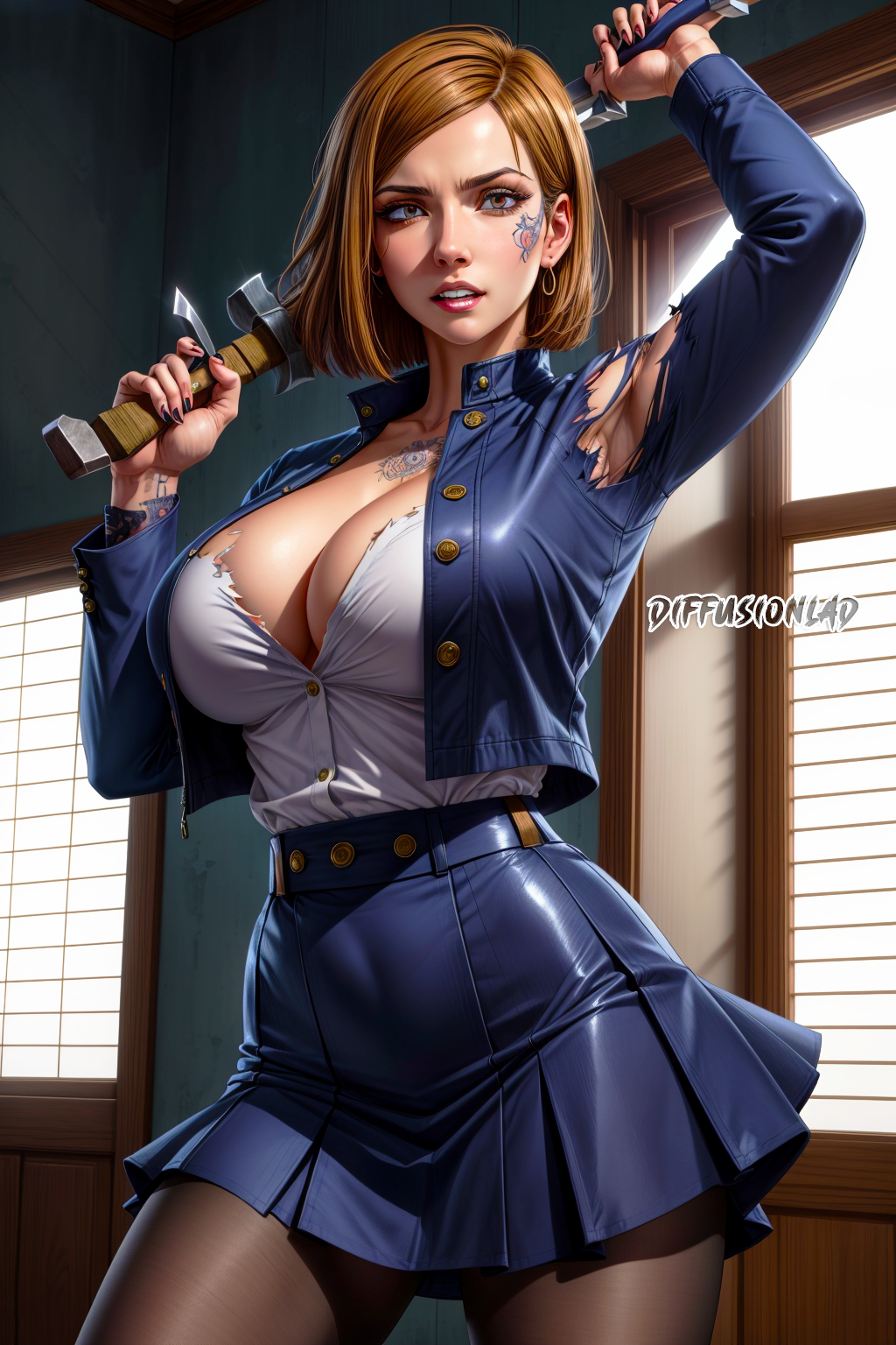 1girls ai_generated curvy_body curvy_figure diffusionlad female female_focus female_only huge_breasts jujutsu_kaisen kugisaki_nobara school_uniform seductive_look stable_diffusion voluptuous voluptuous_female