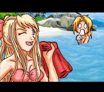 1boy 1boy1girl 1girls 2000s 2006 bikini cfnm edward_elric enm female fullmetal_alchemist male stolen_swimming_trunks stolen_swimsuit winry_rockbell