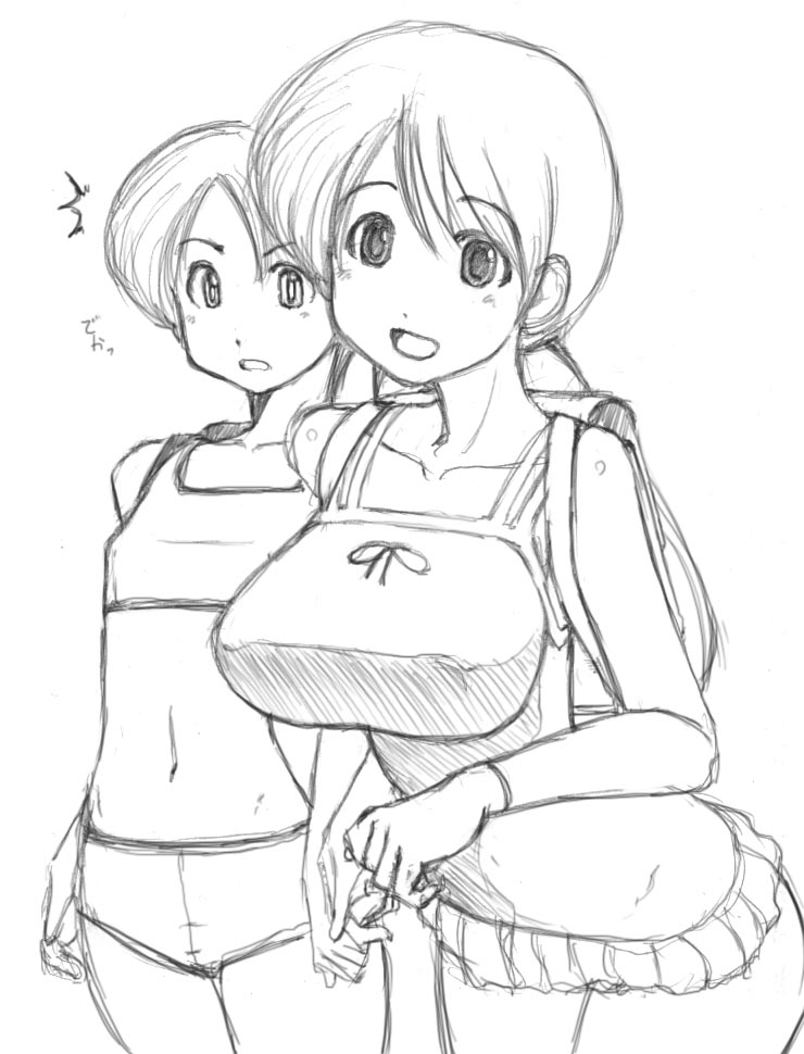 ayase_ena backpack bag bikini breasts hayasaka_miura large_breasts mizugi monochrome oppai randosel randoseru rough_sketch swimsuit yotsuba&!