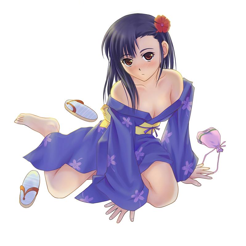 bangs bare_shoulders black_hair blush breasts cleavage clothing fallen_down fell_down flower japanese_clothes kimono mahou_sensei_negima! sakurazaki_setsuna sandals small_breasts suda_(yuunagi_enikki) wafuku yuunagi zouri