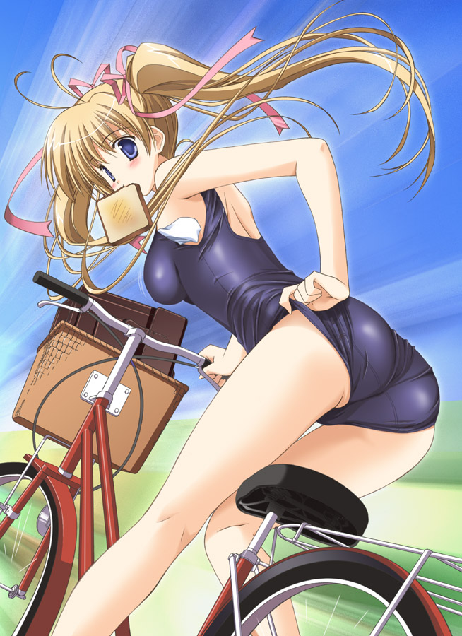 1girls ass bicycle blonde_hair blue_eyes cruiser_bicycle dengeki_moeoh dengeki_moeou goma_satoshi long_hair mizugi mouth_hold one-piece_swimsuit school_swimsuit sukumizu swimsuit tied_hair toast toast_in_mouth twintails