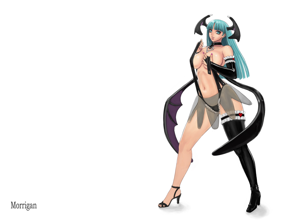 ark_(morita_hitomi) breasts capcom darkstalkers demon_girl fingernails high_heels large_breasts lingerie long_fingernails medium_breasts morrigan_aensland nail_polish shoes stockings succubus thighhighs underwear undressing