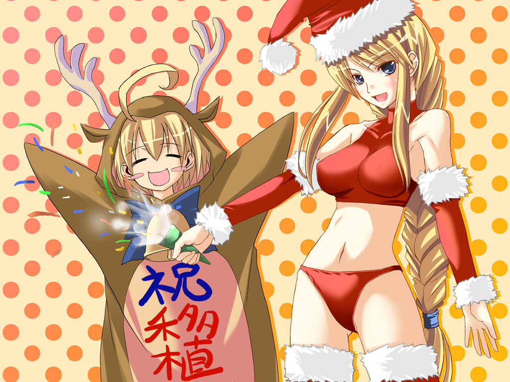 agrias_oaks bikini bikini_bottom blonde_hair blue_eyes braid christmas final_fantasy final_fantasy_tactics final_fantasy_tactics_(original) ichimedoo long_hair ramza_beoulve single_braid swimsuit thighhighs