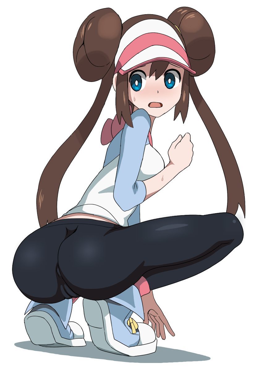 ass, blue eyes, brown hair, cameltoe, double bun, female, pantyhose, pokemon, pussy, rosa (pokemon), shoes, sneakers, tagme, visor cap