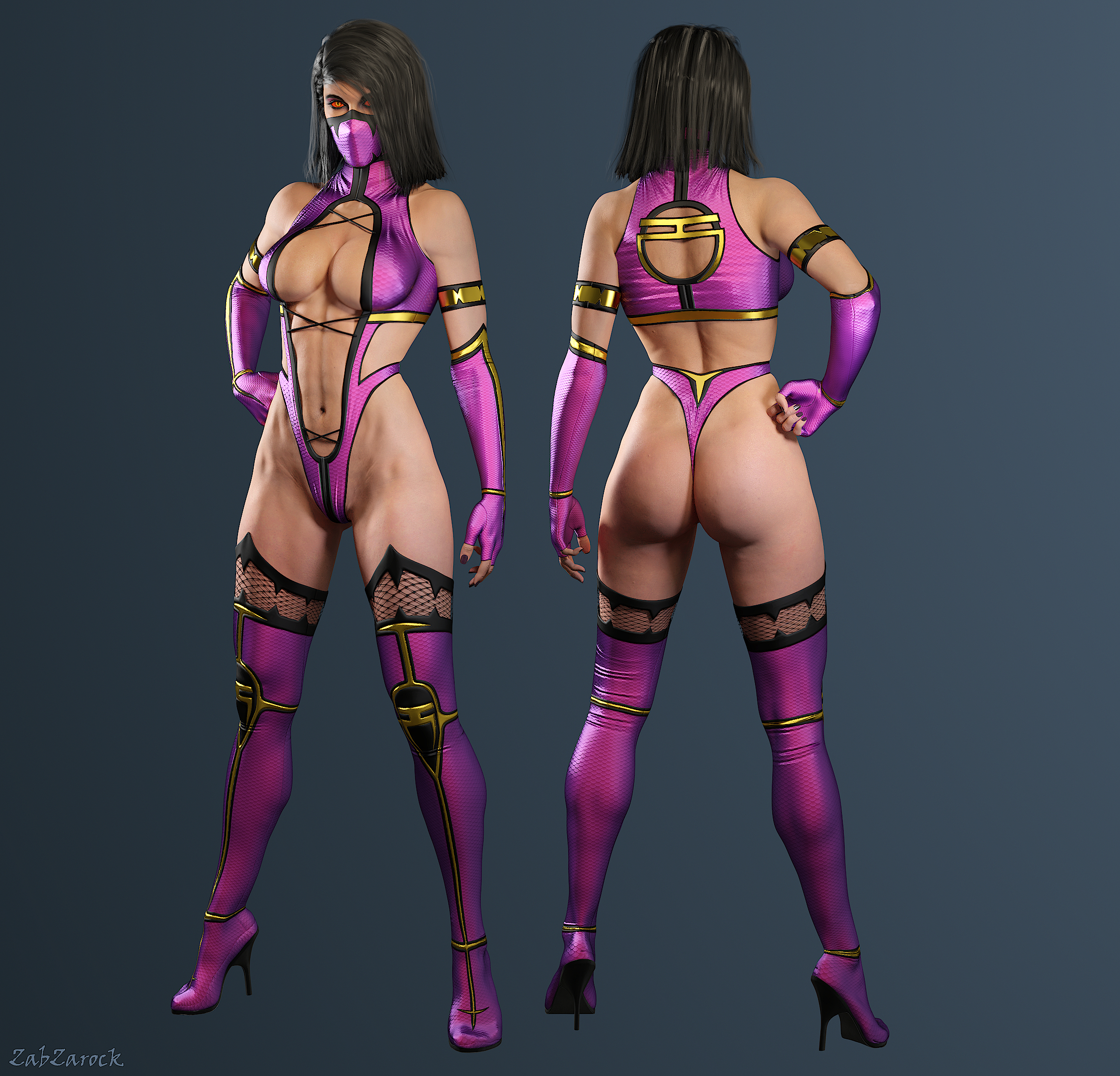 1girls, 3d, 3d (artwork), ass, big ass, big breasts, black hair, breasts, busty, cleavage, cleavage cutout, clothed, clothes, clothing, edenian, female, female focus, female only, fit, fully clothed, gloves, hand on hip, huge breasts, hybrid, large ass, large breasts, leotard, long gloves, long hair, mask, mileena, mileena (mk9), monster, monster girl, mortal kombat, mortal kombat (2011), netherrealm studios, pink clothing, pose, posing, realistic, signature, solo, standing, tarkatan, thick ass, thighhighs, thin waist, voluptuous, wide hips, zabzarock