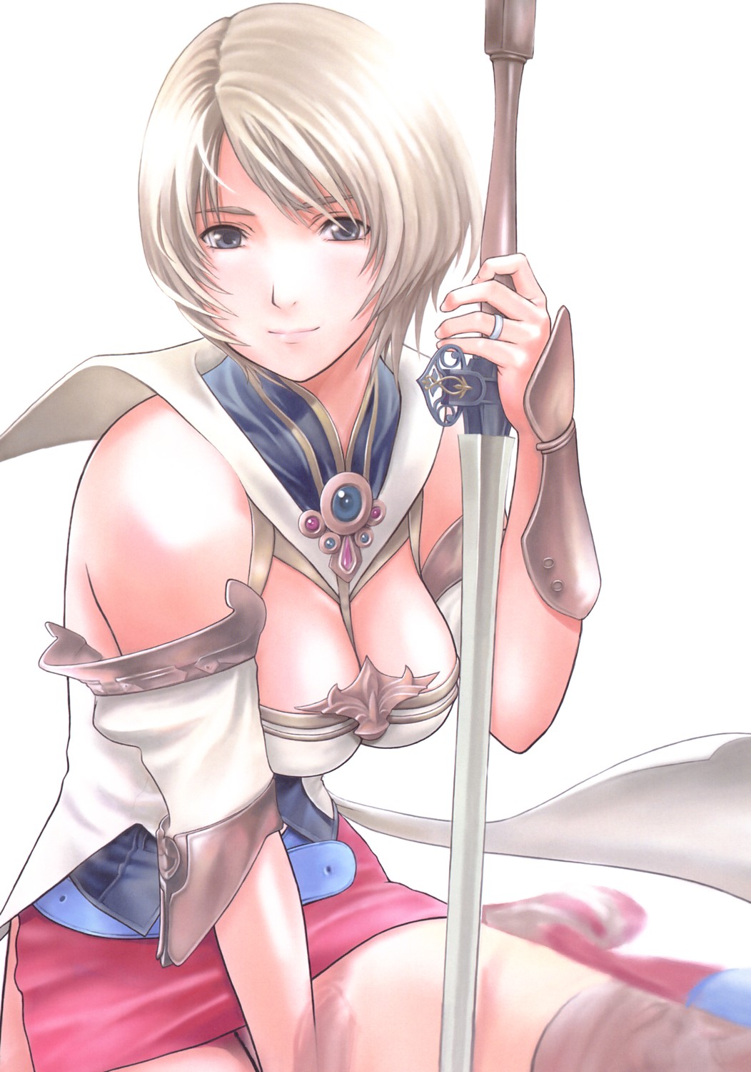 ashelia_b'nargin_dalmasca belt beltskirt blonde_hair blue_belt blue_eyes breasts cleavage female female_only final_fantasy final_fantasy_xii glamorous_colors_4 highres human jewelry looking_at_viewer miniskirt momoi_nanabei ring short_hair silver_hair sitting skirt smile solo sword thighhighs weapon