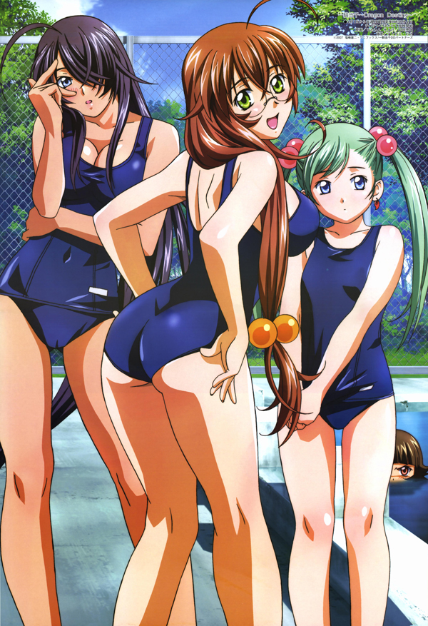 ahoge ass black_hair blue_eyes blush breasts brown_hair cameltoe chainlink_fence chouhi_ekitoku cleavage fence flat_chest glasses green_eyes hair_bobbles hair_ornament hair_over_one_eye ikkitousen ikkitousen_dragon_destiny kan'u_unchou kanu_unchou large_breasts long_hair looking_back low-tied_long_hair megami_magazine megane mizugi multiple_girls official_art one-piece_swimsuit oppai outdoors pettanko pink_eyes pool ryuubi_gentoku scan school_swimsuit shokatsuryou_koumei sukumizu swimsuit tree very_long_hair