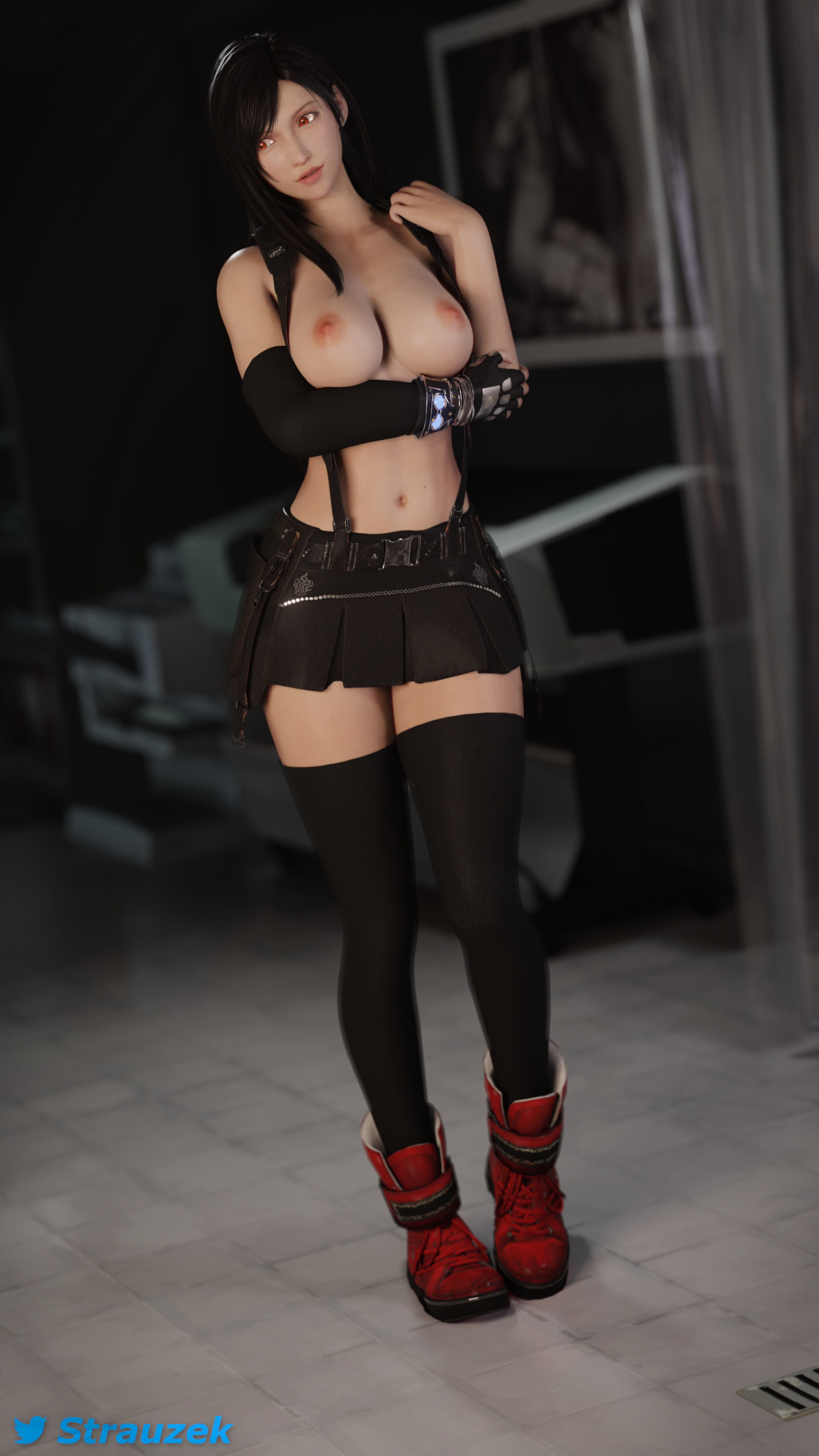 3d, areolae, armwear, bare midriff, big breasts, black hair, boots, breasts, busty, earrings, female, female focus, female only, final fantasy, final fantasy vii, fingerless gloves, hourglass figure, large breasts, long hair, miniskirt, navel, nipples, nude, nude female, nudity, pose, posing, red eyes, skirt, solo, standing, strauzek, suspenders, tagme, thighhighs, tifa lockhart, topless, wide hips