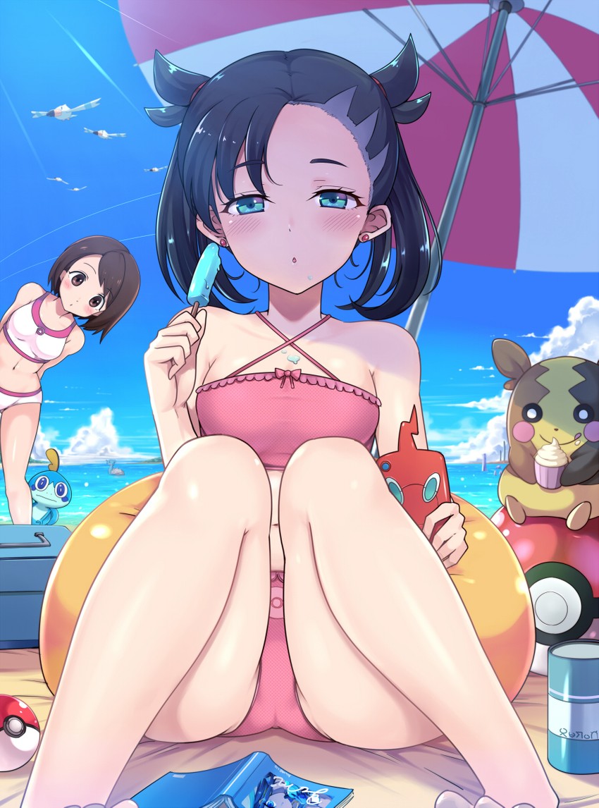 2girls beach beach_umbrella bikini black_hair blush brown_hair gloria_(pokemon) kasai_shin marnie_(pokemon) pink_bikini pokemon pokemon_ss sand swimsuit thighs water white_bikini